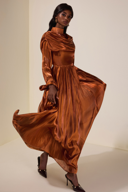 Satin Ruched Ruffle Maxi Dress