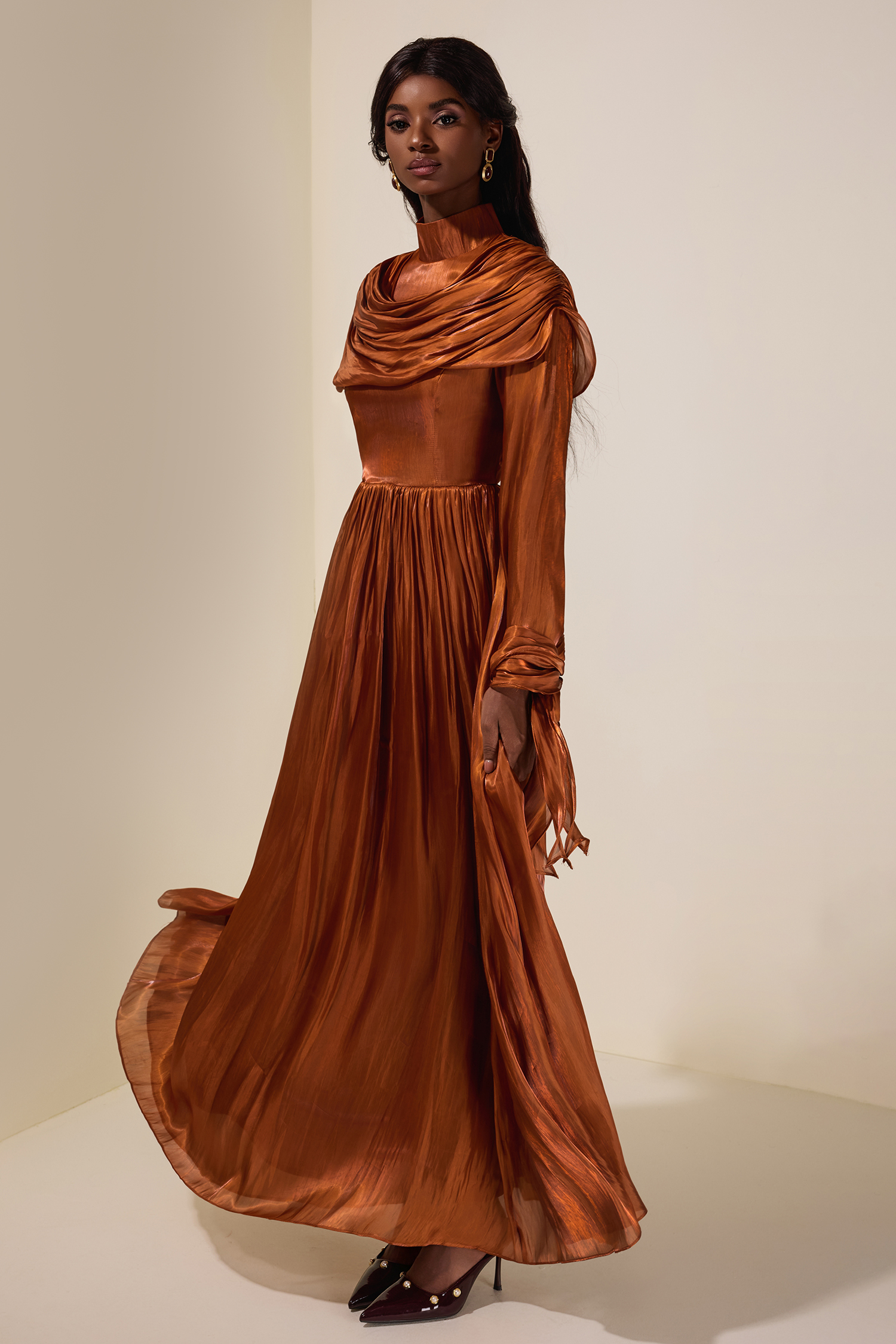 Satin Ruched Ruffle Maxi Dress