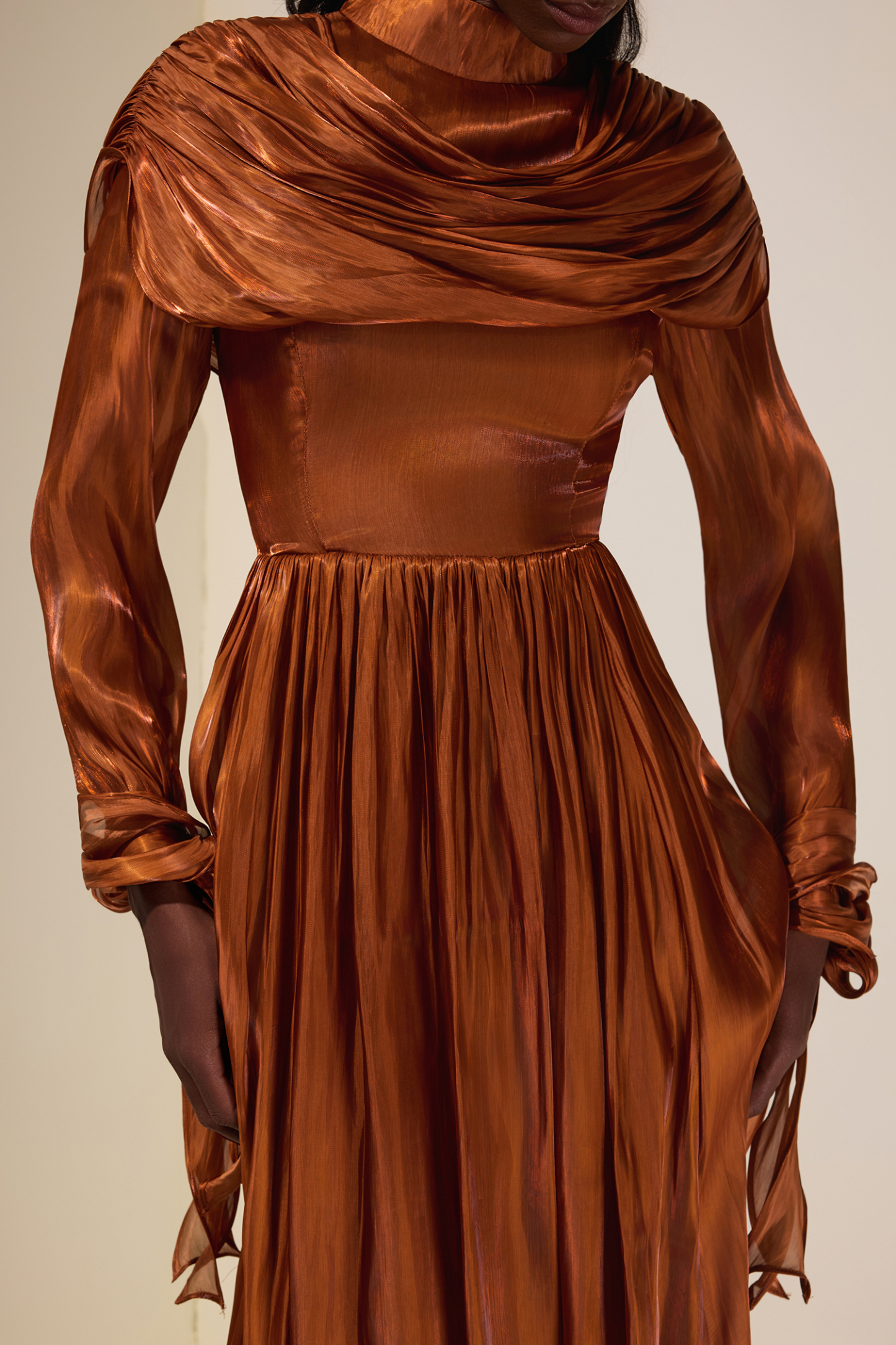 Satin Ruched Ruffle Maxi Dress