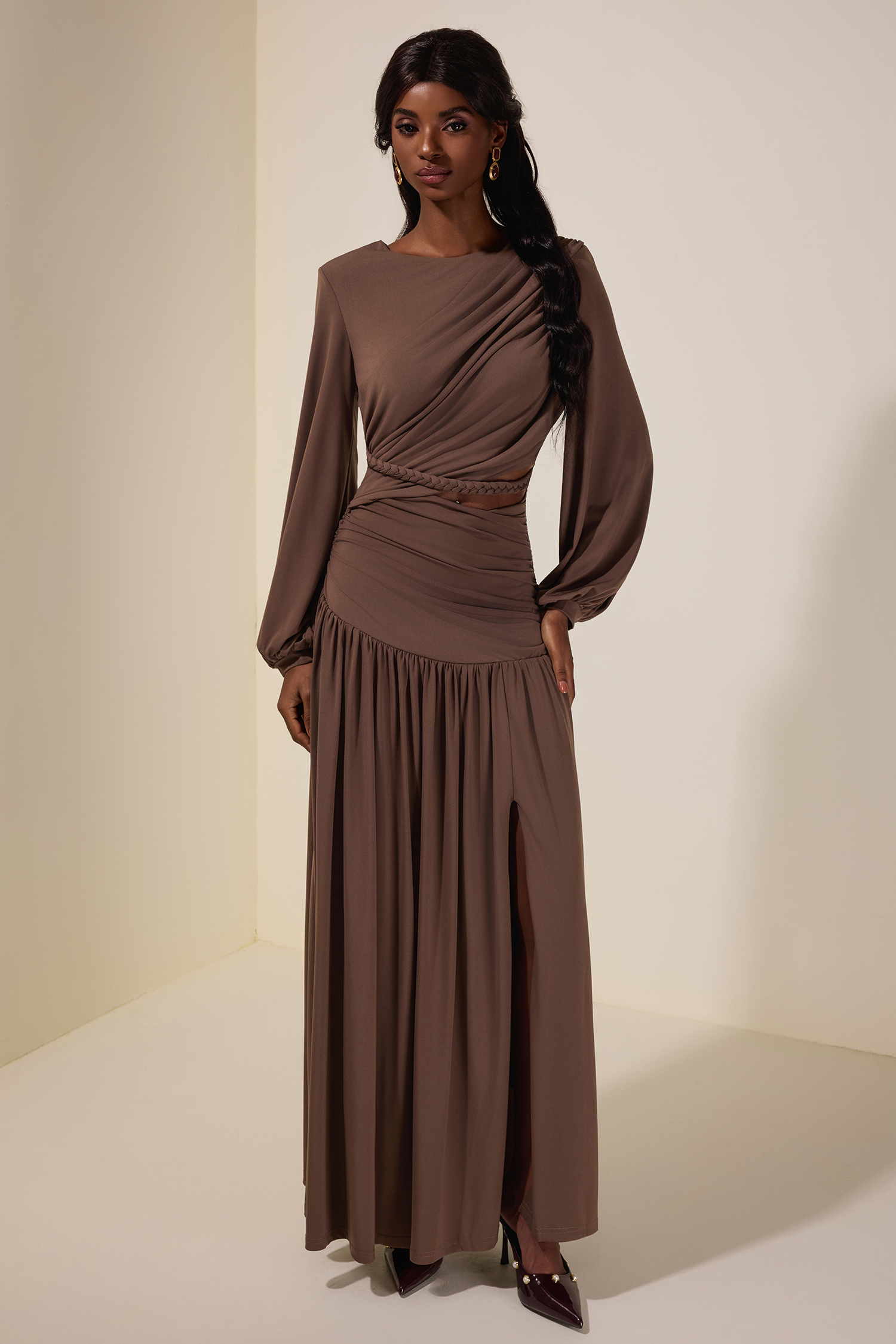 Jersey Woven Gathering Midi Dress