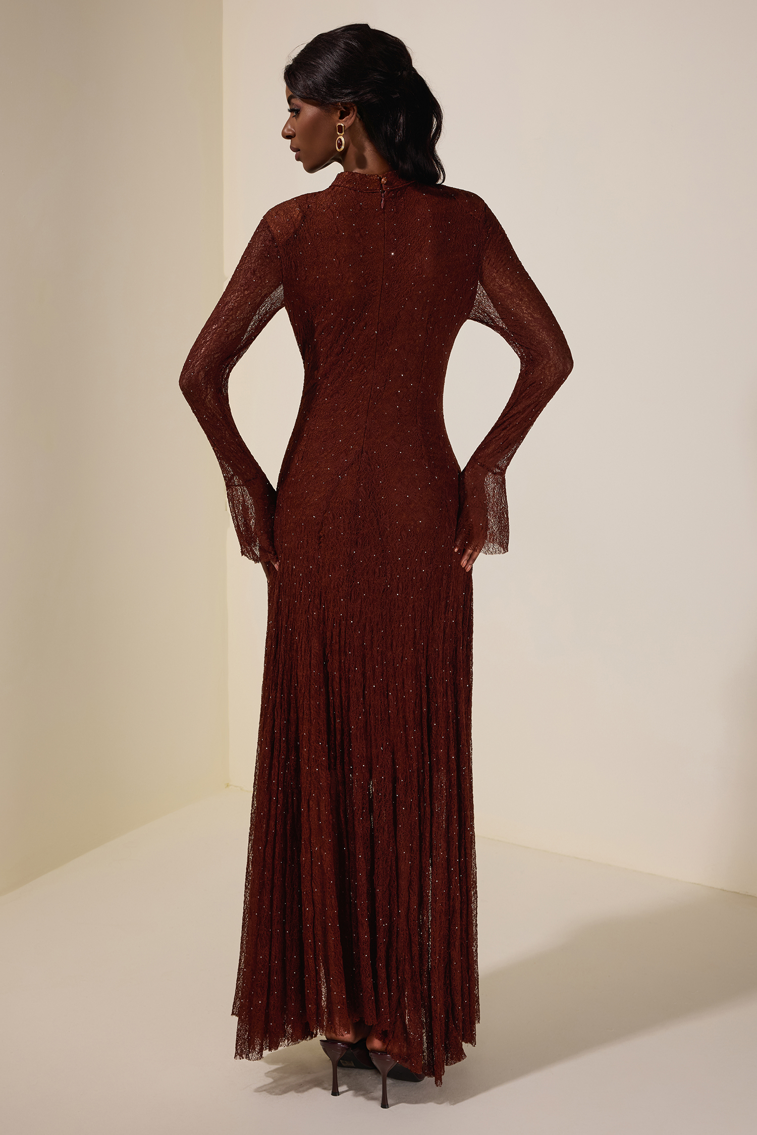 Lace Rhinestone Long Sleeve Maxi Dress