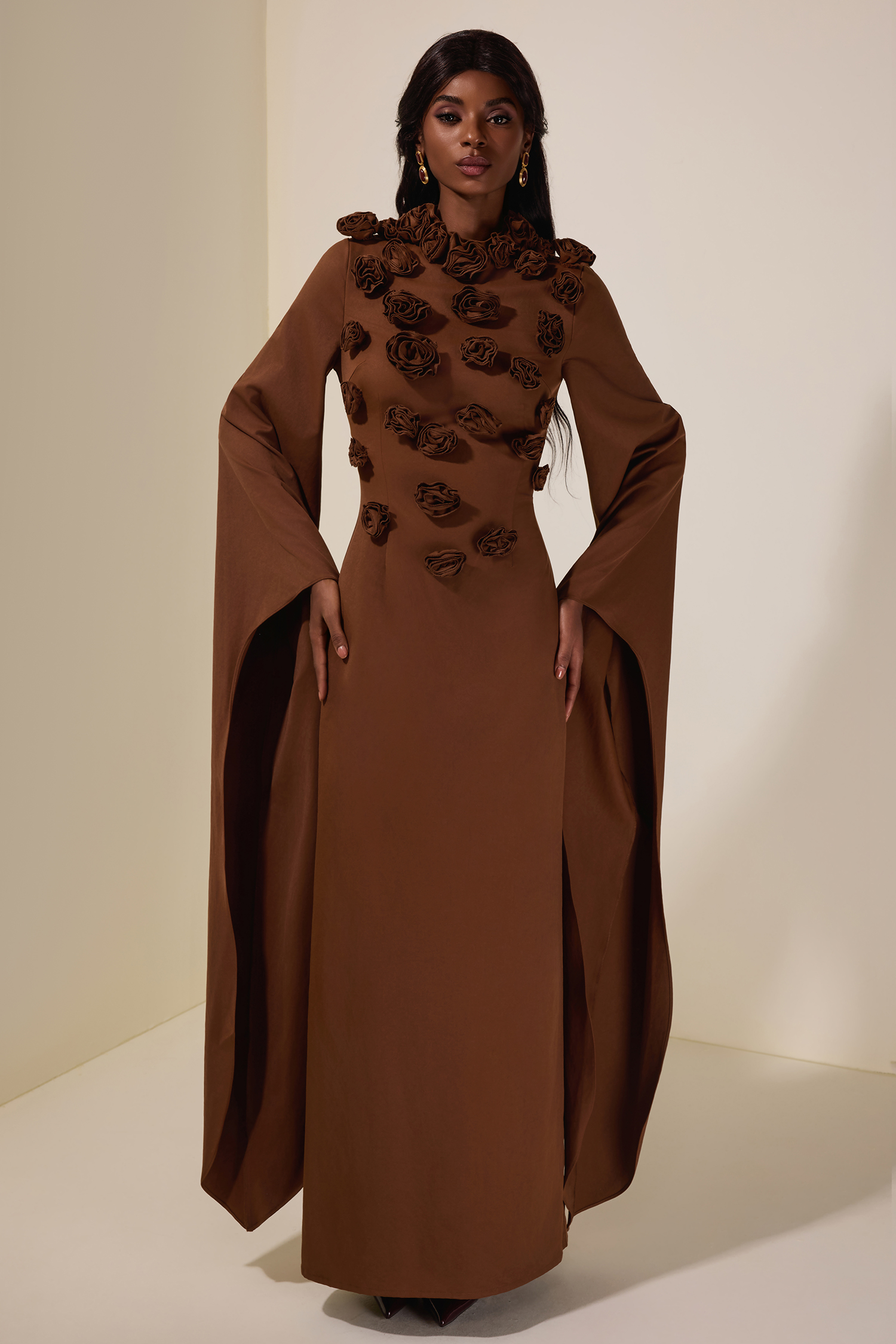 Solid 3D Flower Cape Sleeve Maxi Dress