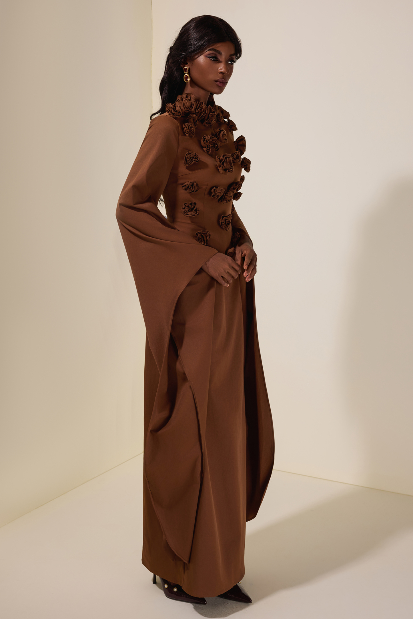 Solid 3D Flower Cape Sleeve Maxi Dress