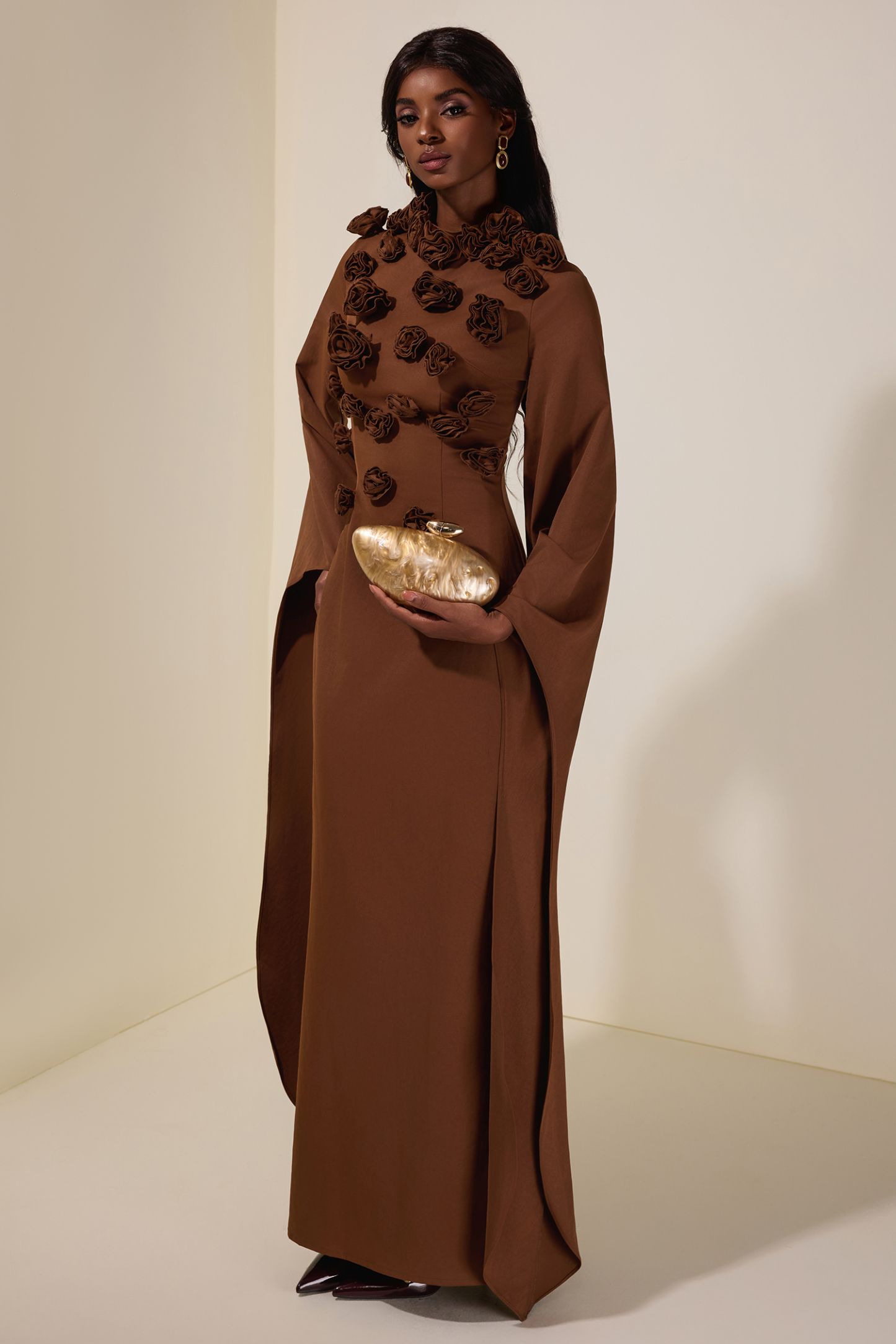 Solid 3D Flower Cape Sleeve Maxi Dress