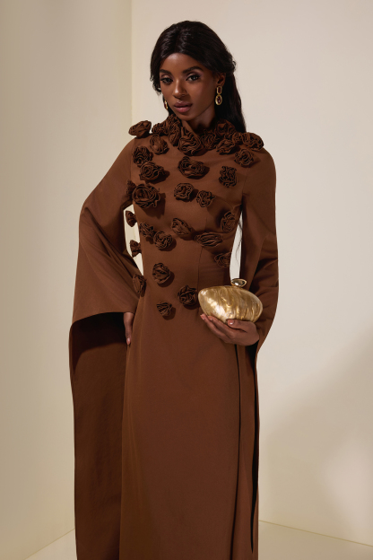 Solid 3D Flower Cape Sleeve Maxi Dress