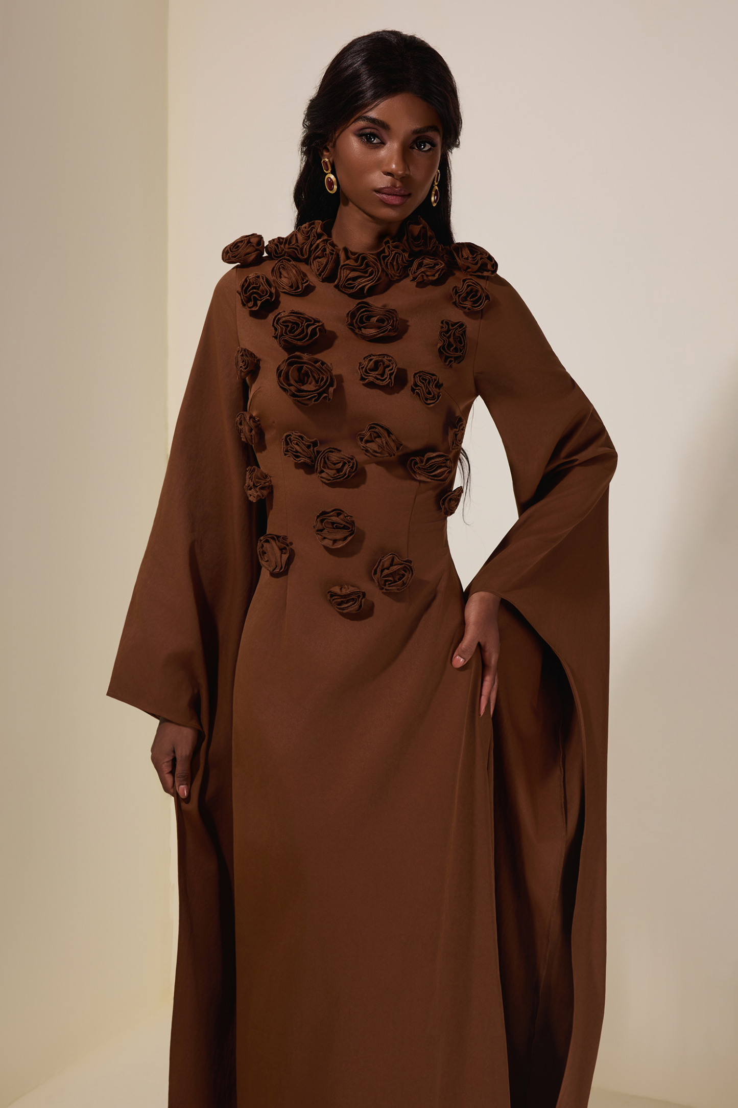 Solid 3D Flower Cape Sleeve Maxi Dress