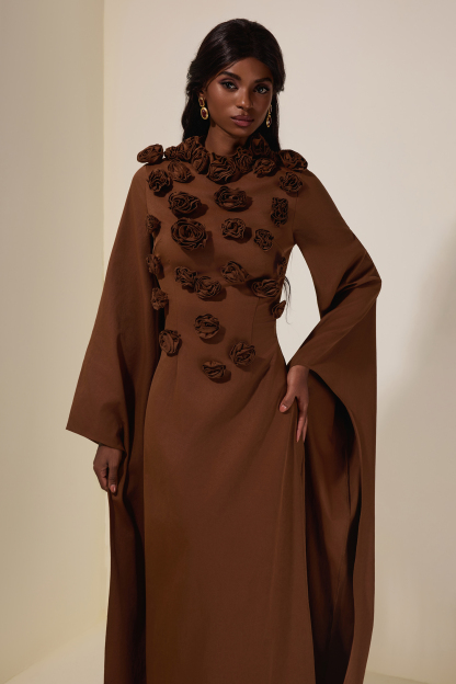 Solid 3D Flower Cape Sleeve Maxi Dress