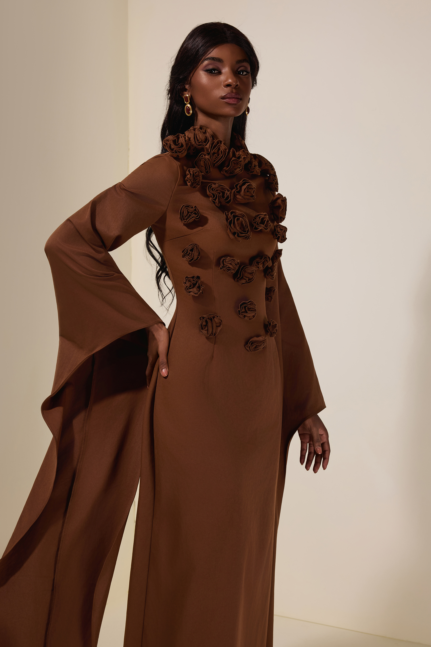 Solid 3D Flower Cape Sleeve Maxi Dress