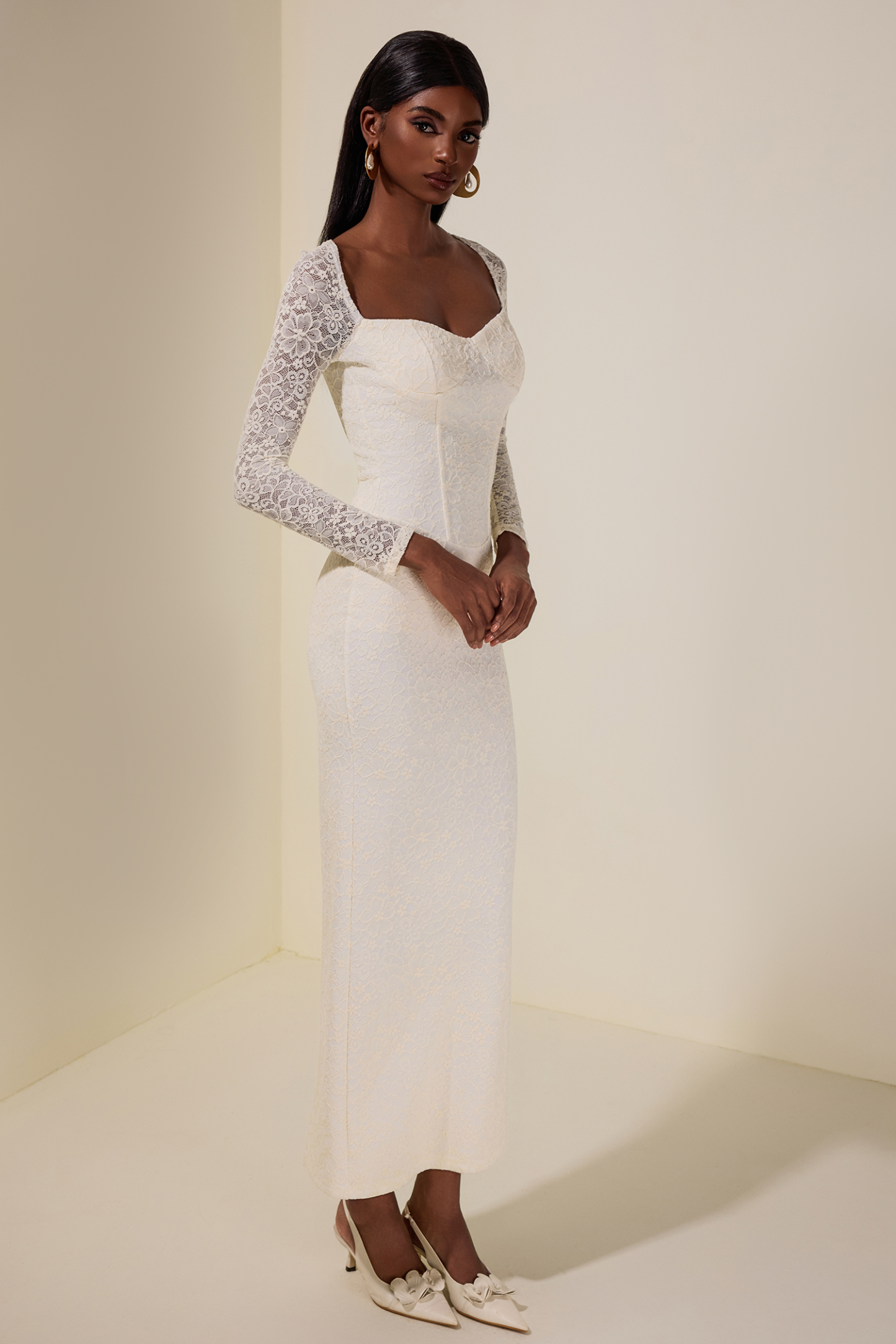 Lace Long Sleeve Slit Maxi Dress