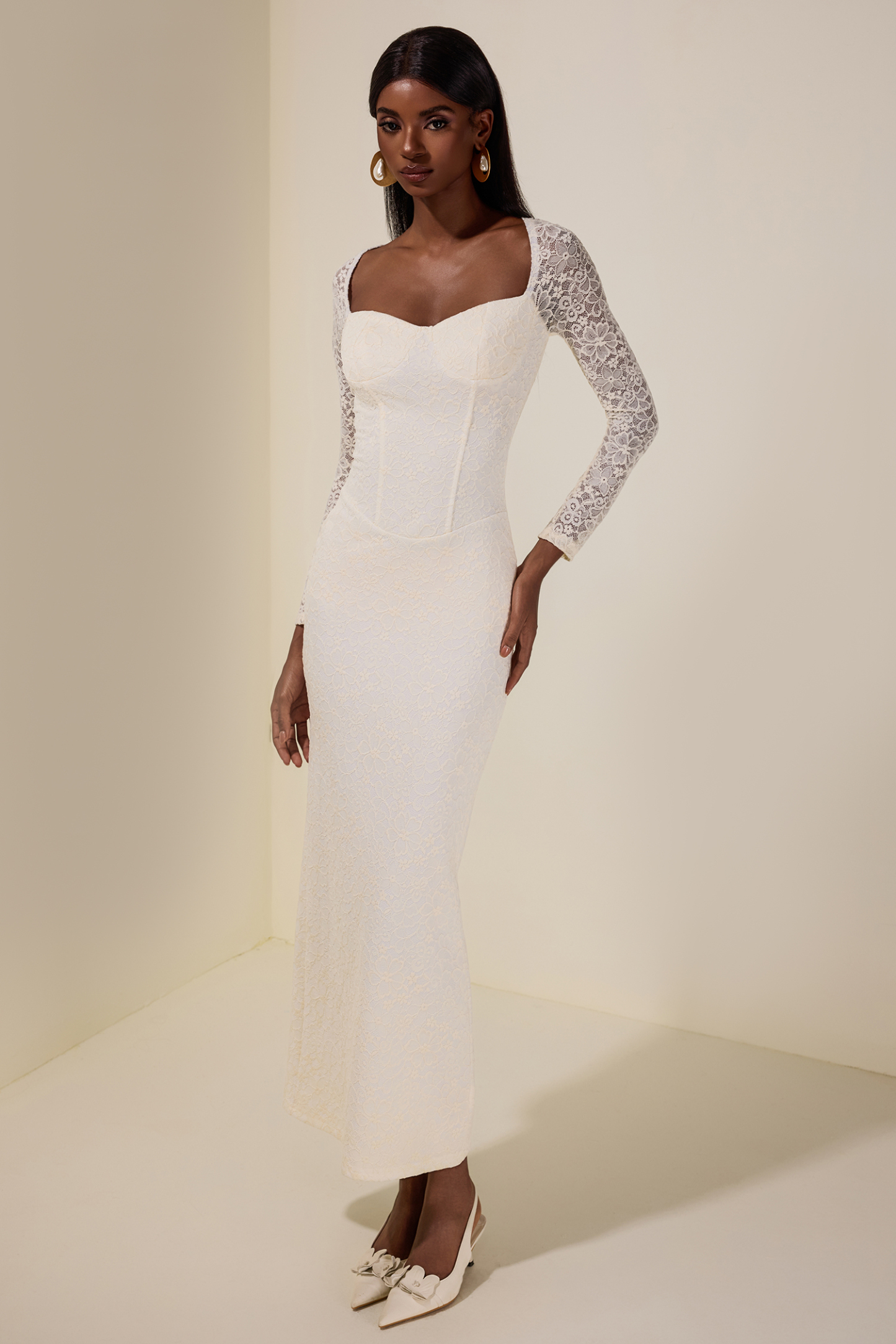 Lace Long Sleeve Slit Maxi Dress