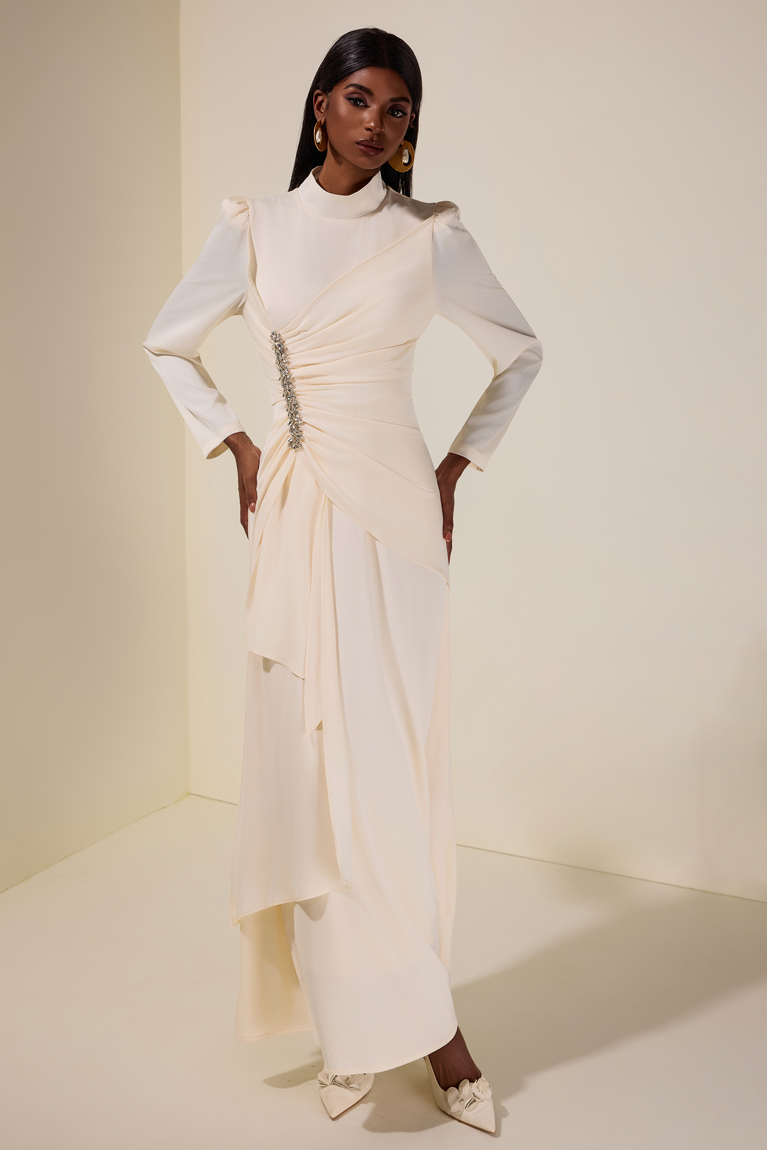 Satin Rhinestone Stand Collar Maxi Dress