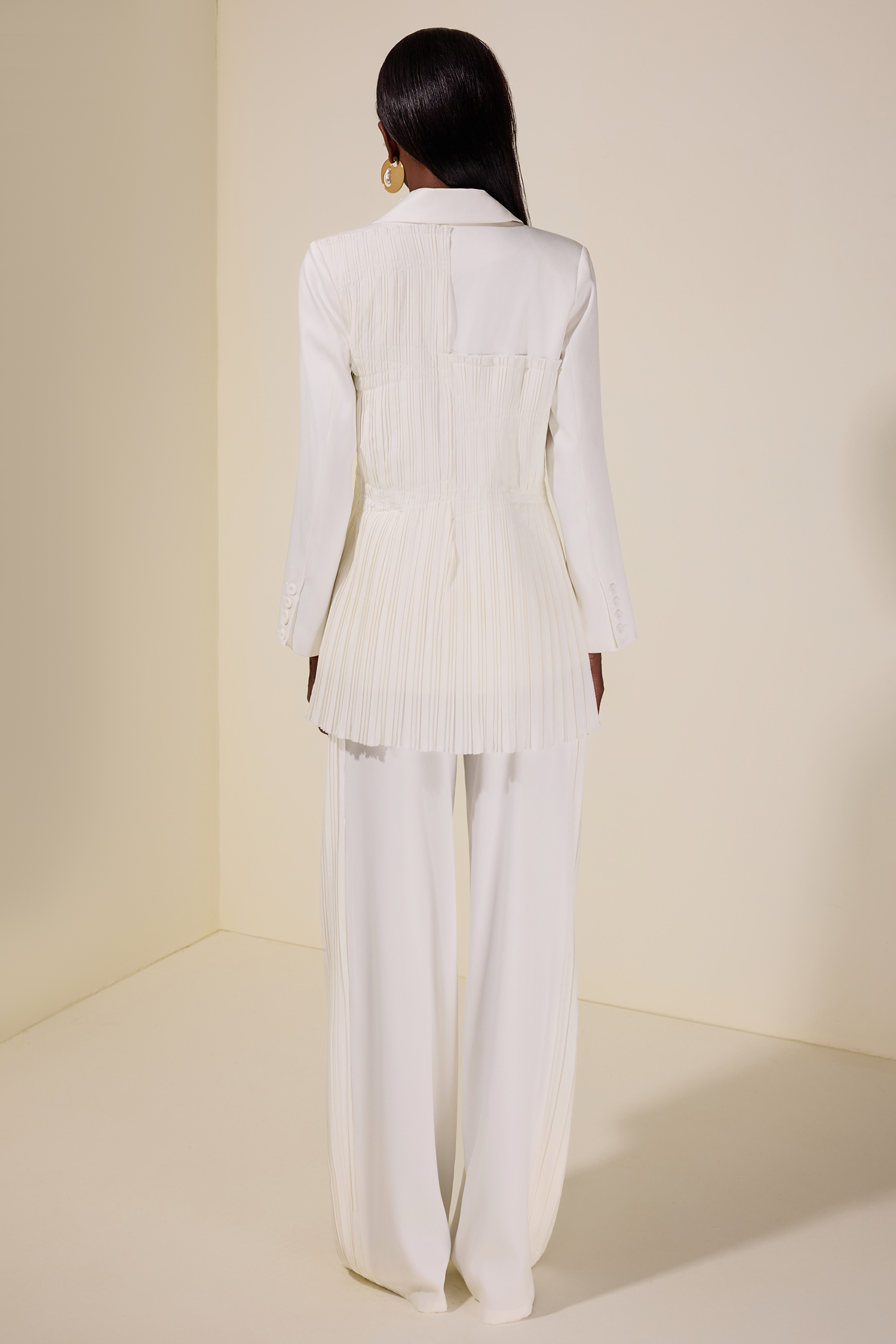 Pleat Solid Tailored Collar Blazer & High Waist Loose Pants Set