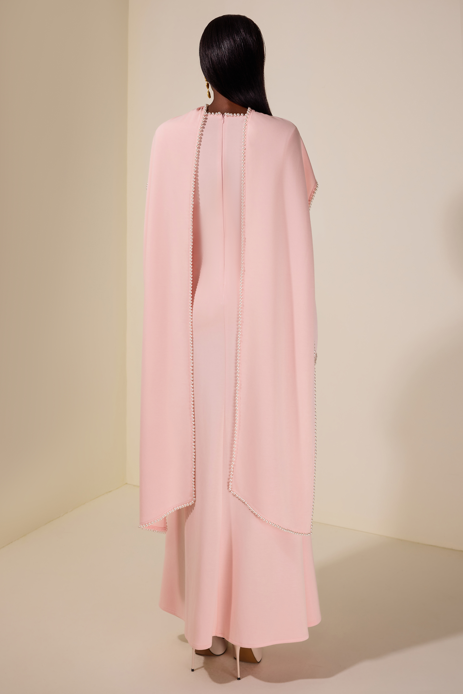 Solid Long Sleeve Faux Pearl Maxi Dress