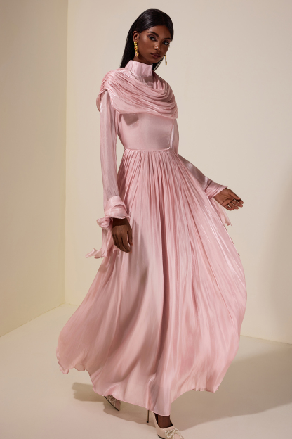 Satin Ruched Ruffle Maxi Dress
