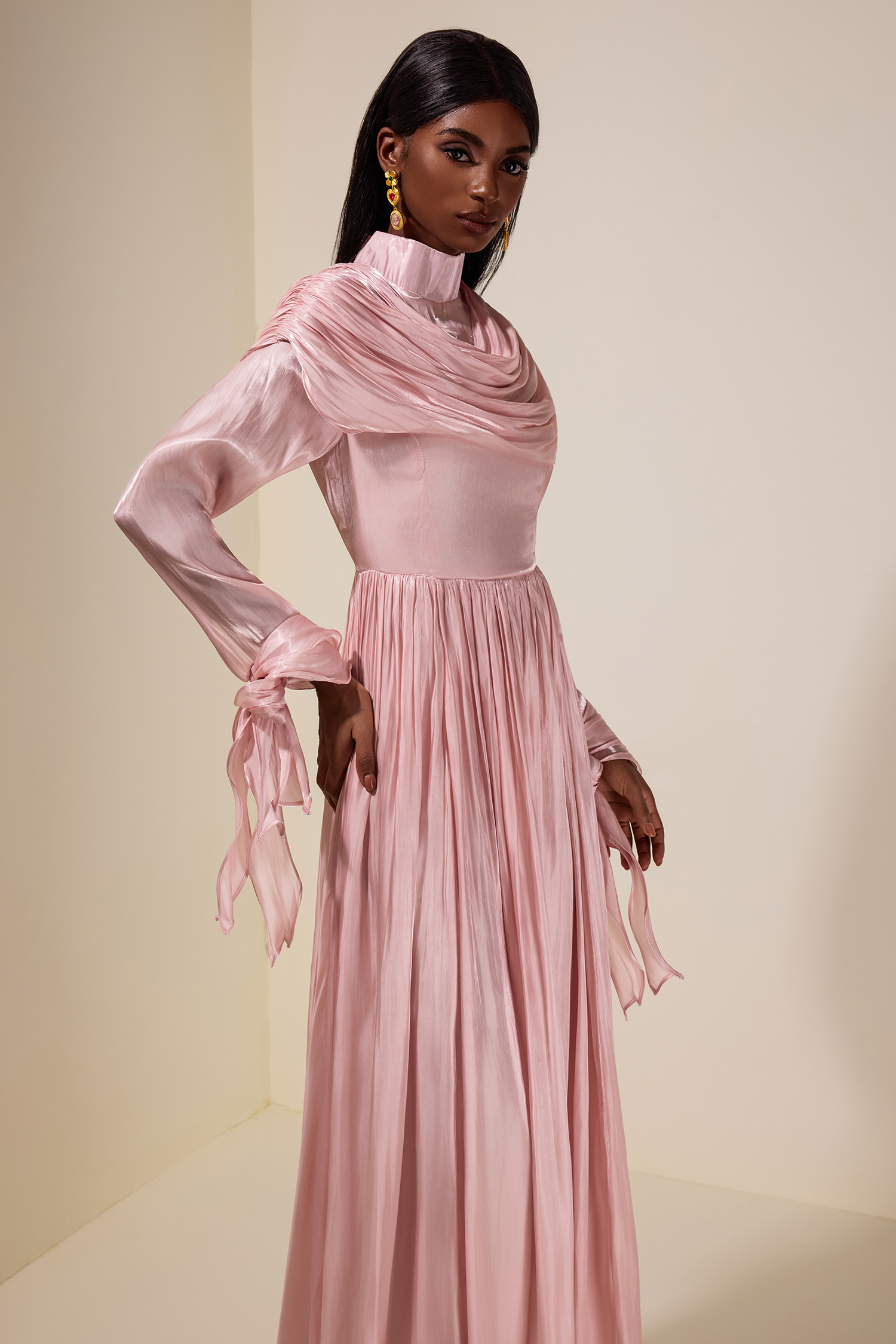 Satin Ruched Ruffle Maxi Dress