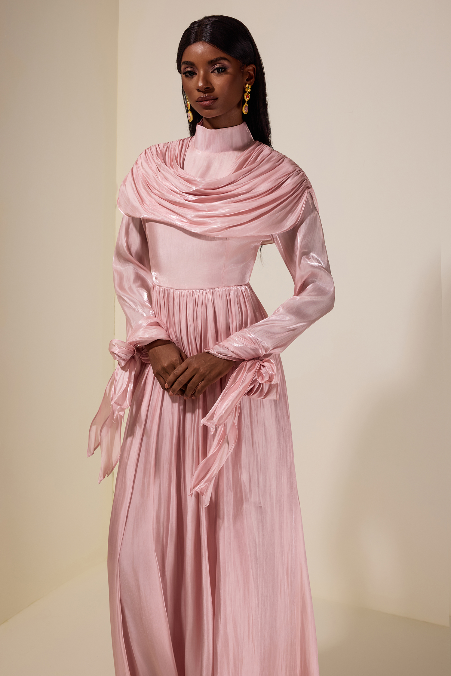 Satin Ruched Ruffle Maxi Dress