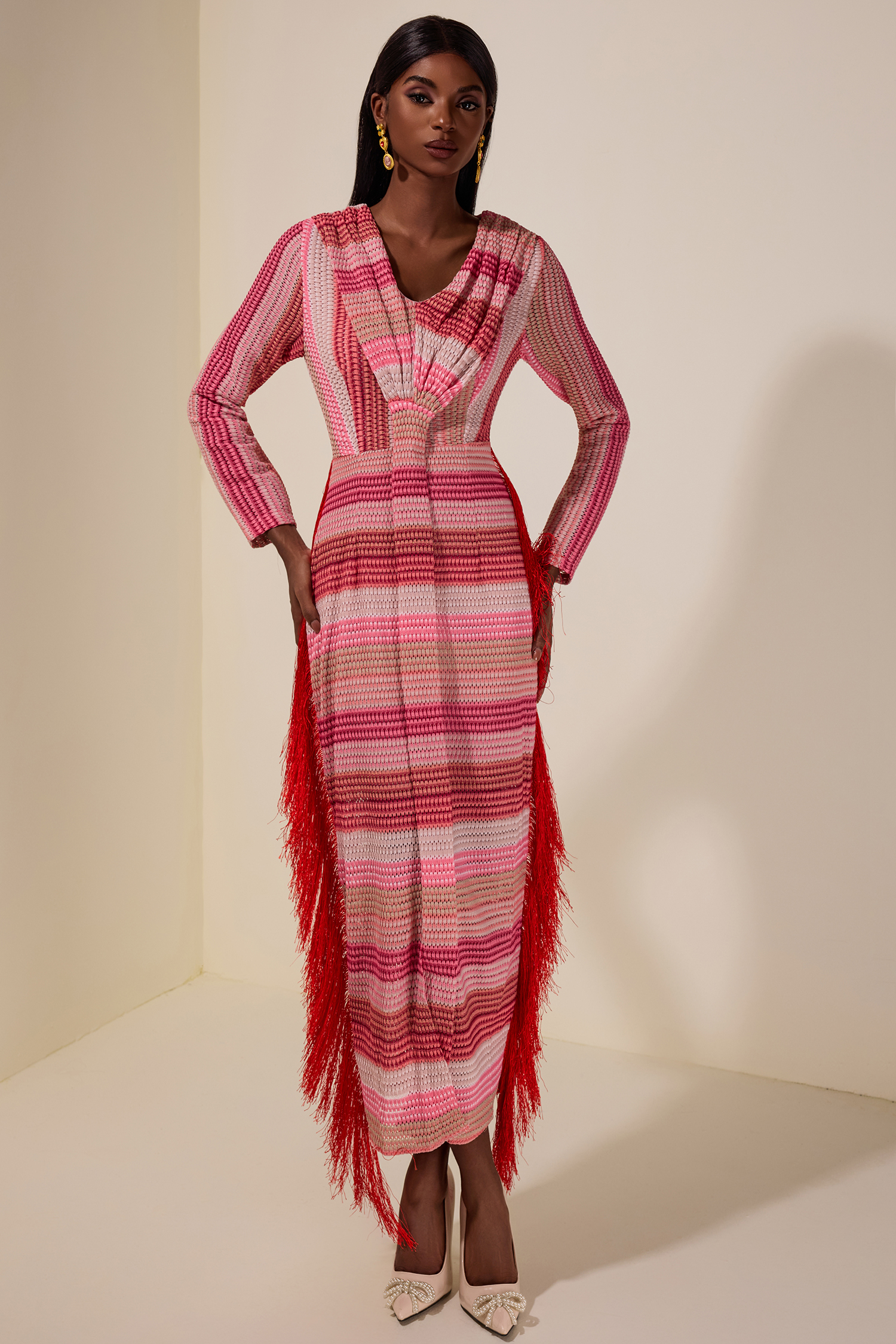 Crochet Gradient Color Tassel Midi Dress