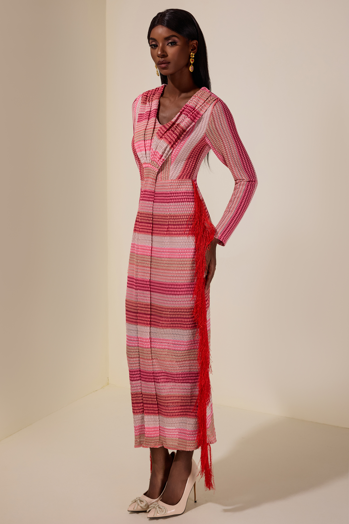 Crochet Gradient Color Tassel Midi Dress