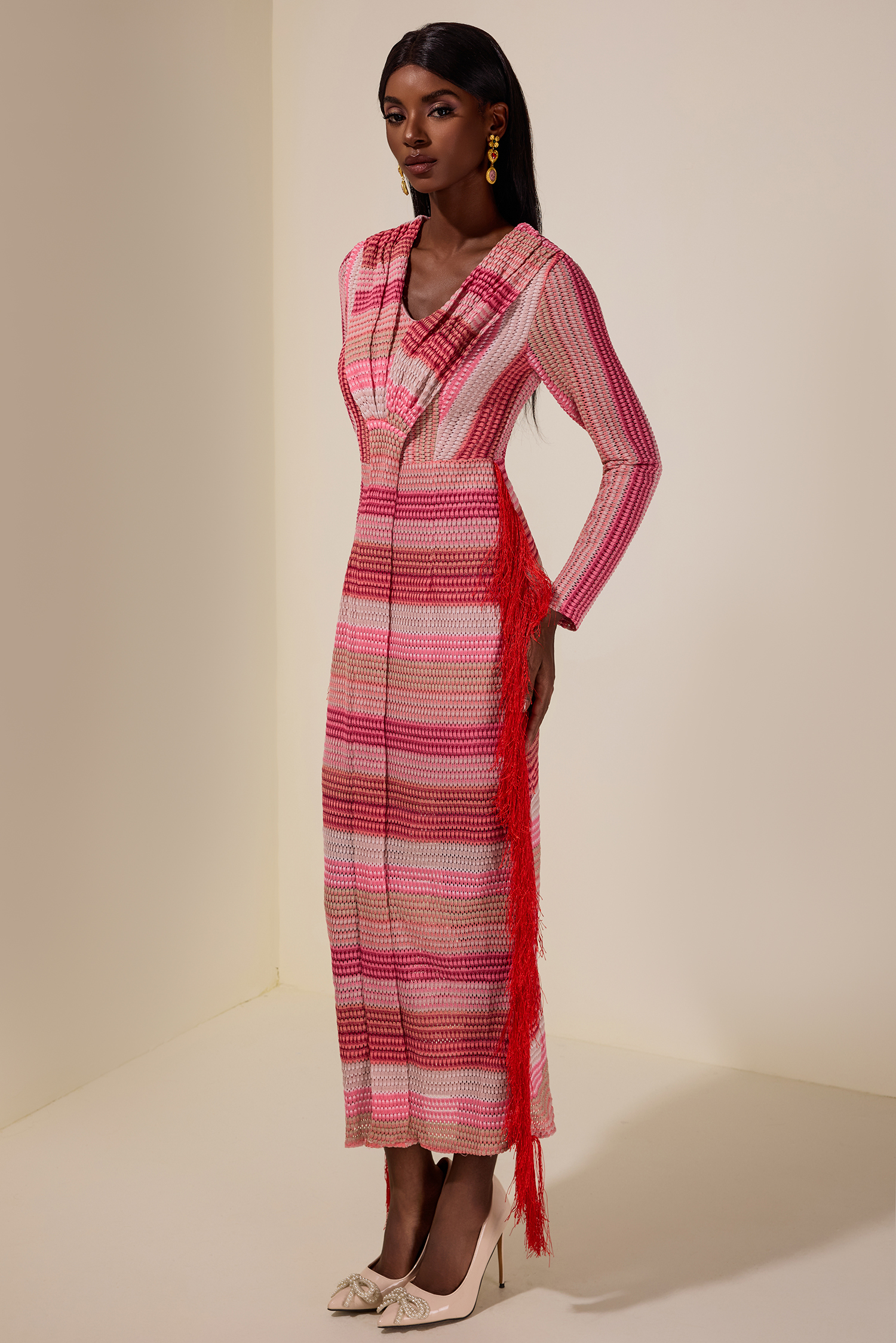 Crochet Gradient Color Tassel Midi Dress