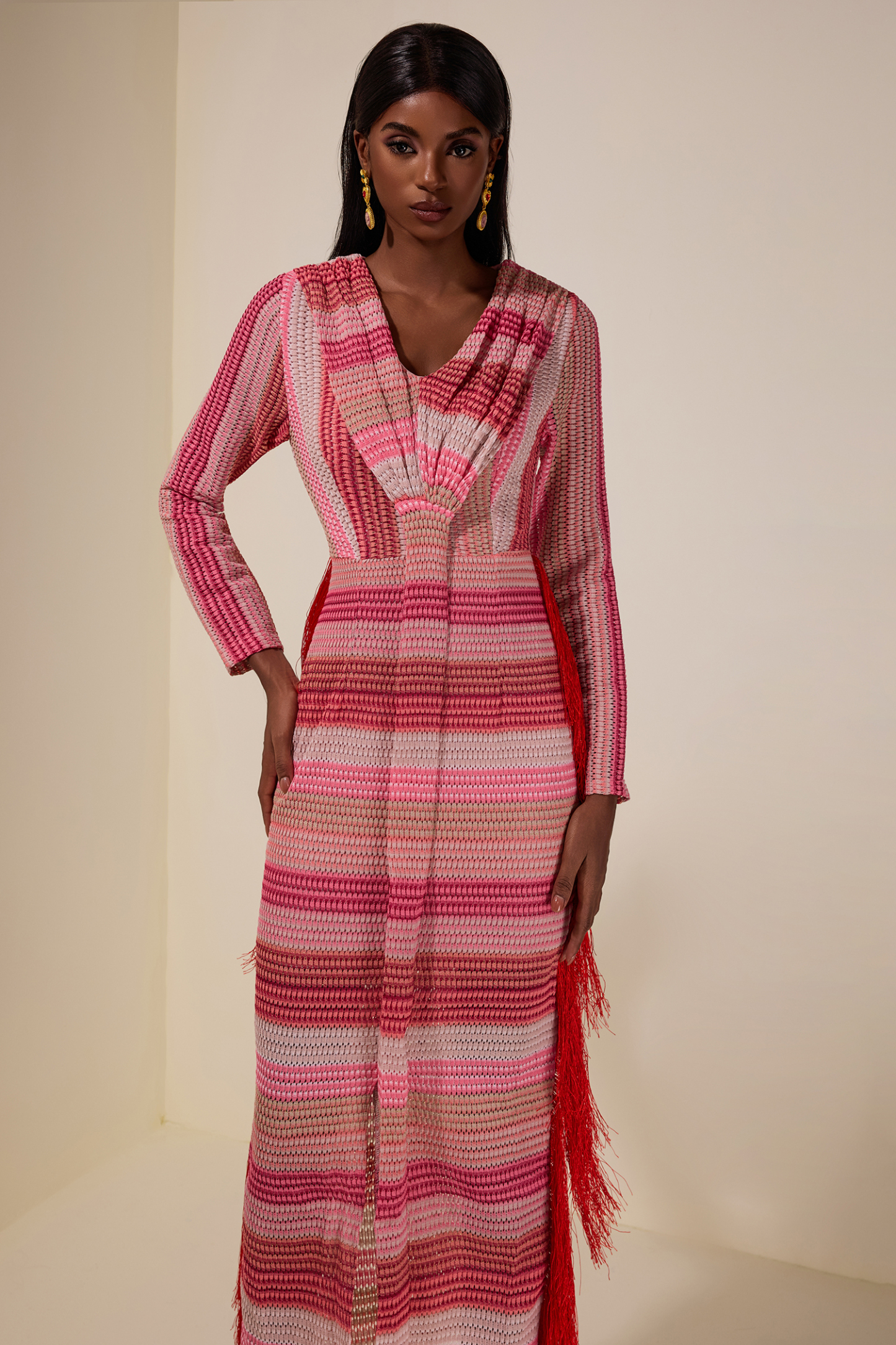 Crochet Gradient Color Tassel Midi Dress