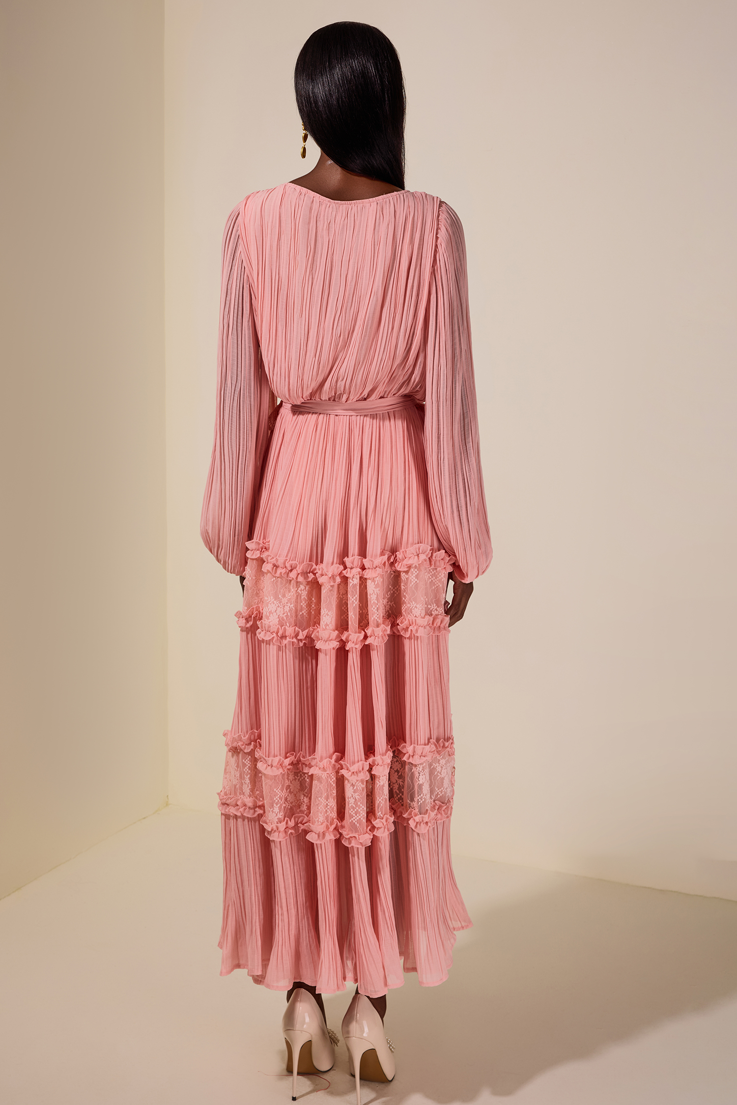 Chiffon Splicing Lace V Neck Midi Dress With Belt