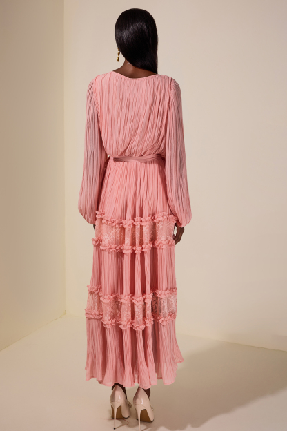 Chiffon Splicing Lace V Neck Midi Dress With Belt