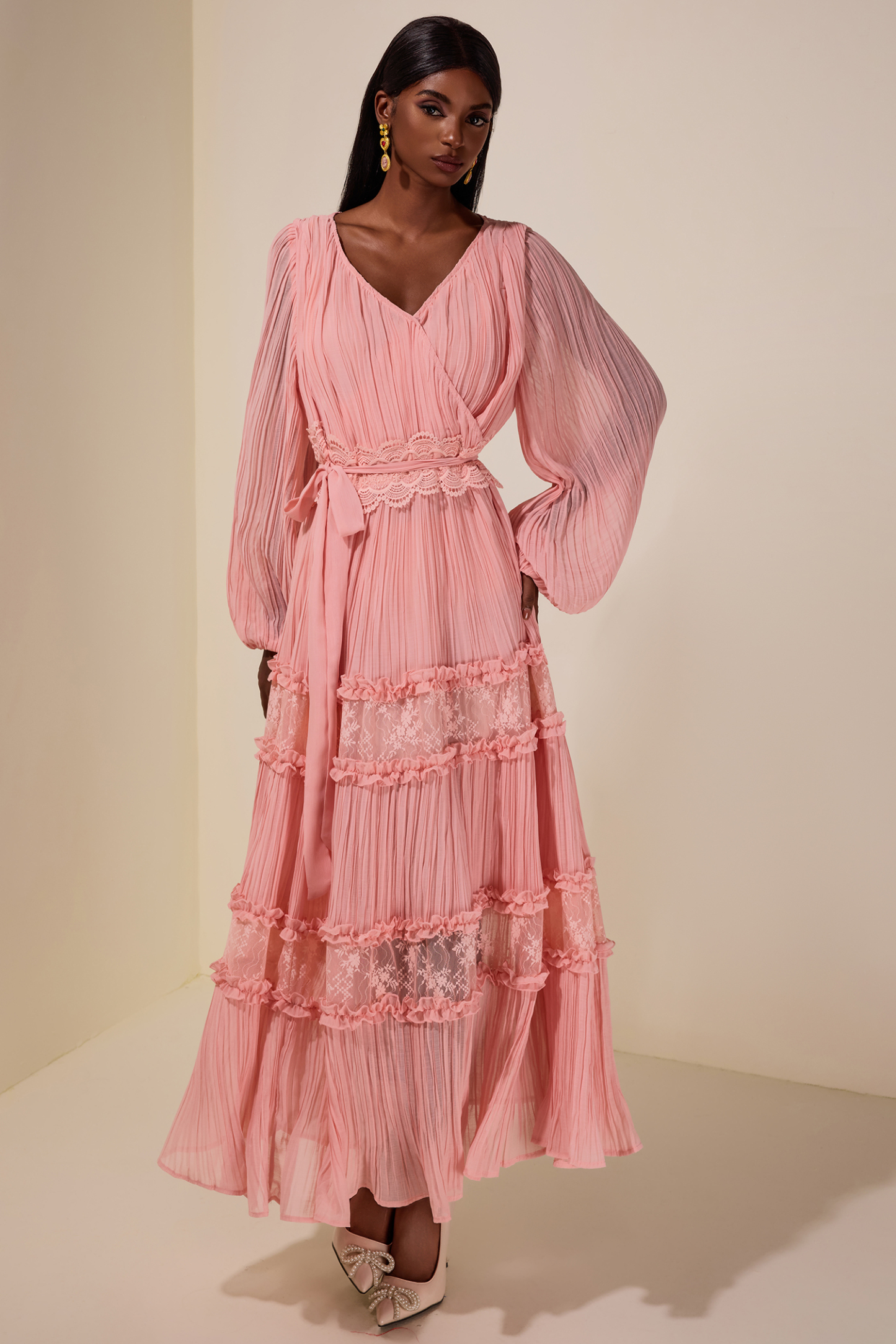 Chiffon Splicing Lace V Neck Midi Dress With Belt