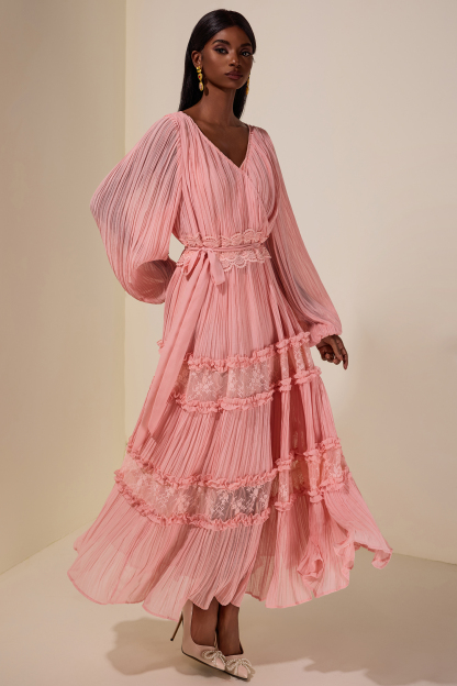 Chiffon Splicing Lace V Neck Midi Dress With Belt