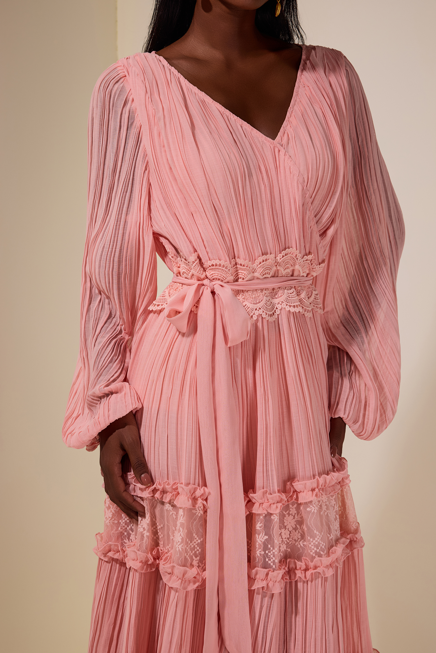 Chiffon Splicing Lace V Neck Midi Dress With Belt