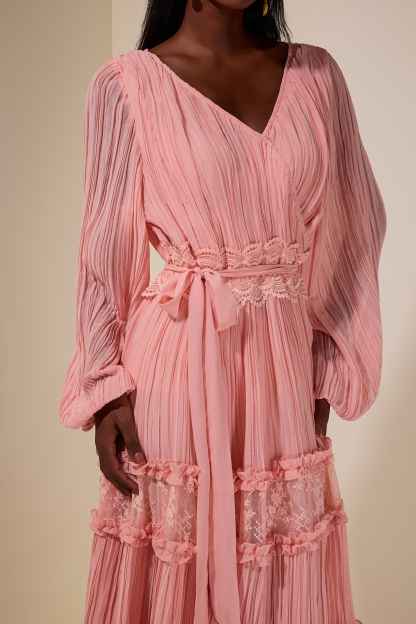 Chiffon Splicing Lace V Neck Midi Dress With Belt