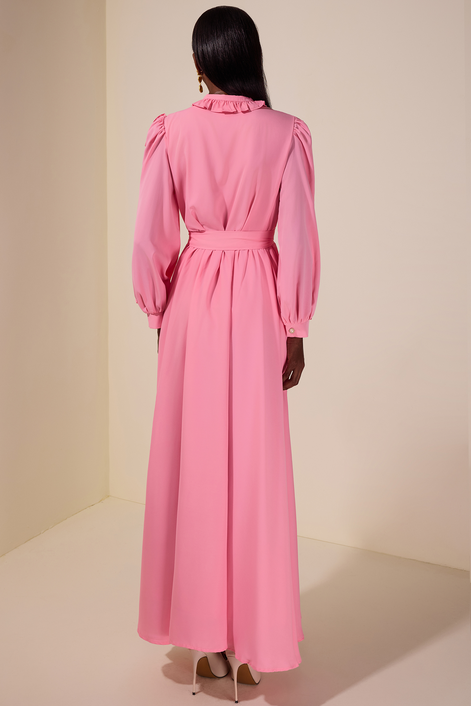 Frill Lantern Sleeve Midi Dress With Belt