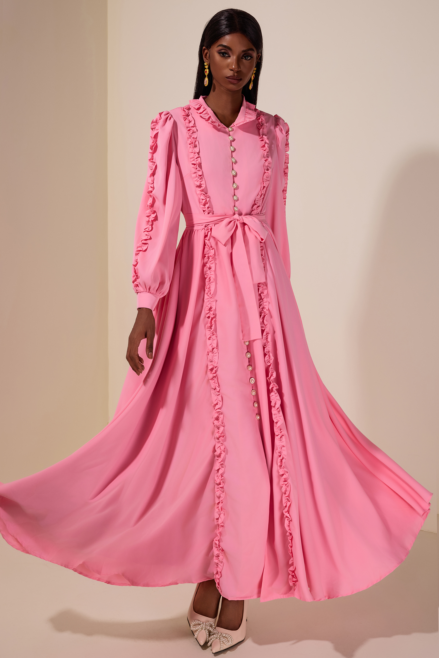 Frill Lantern Sleeve Midi Dress With Belt