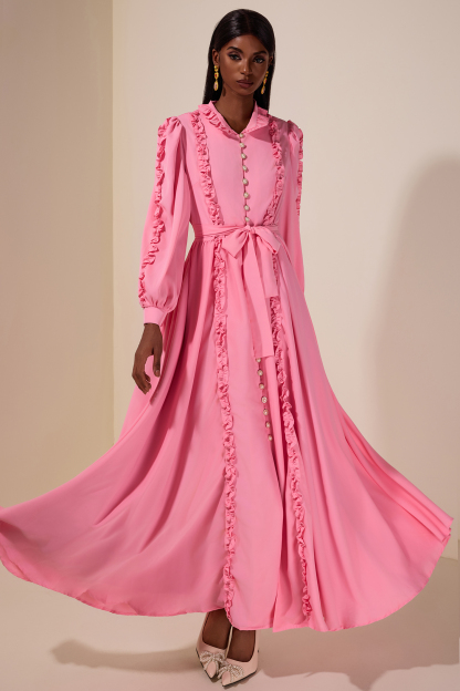 Frill Lantern Sleeve Midi Dress With Belt