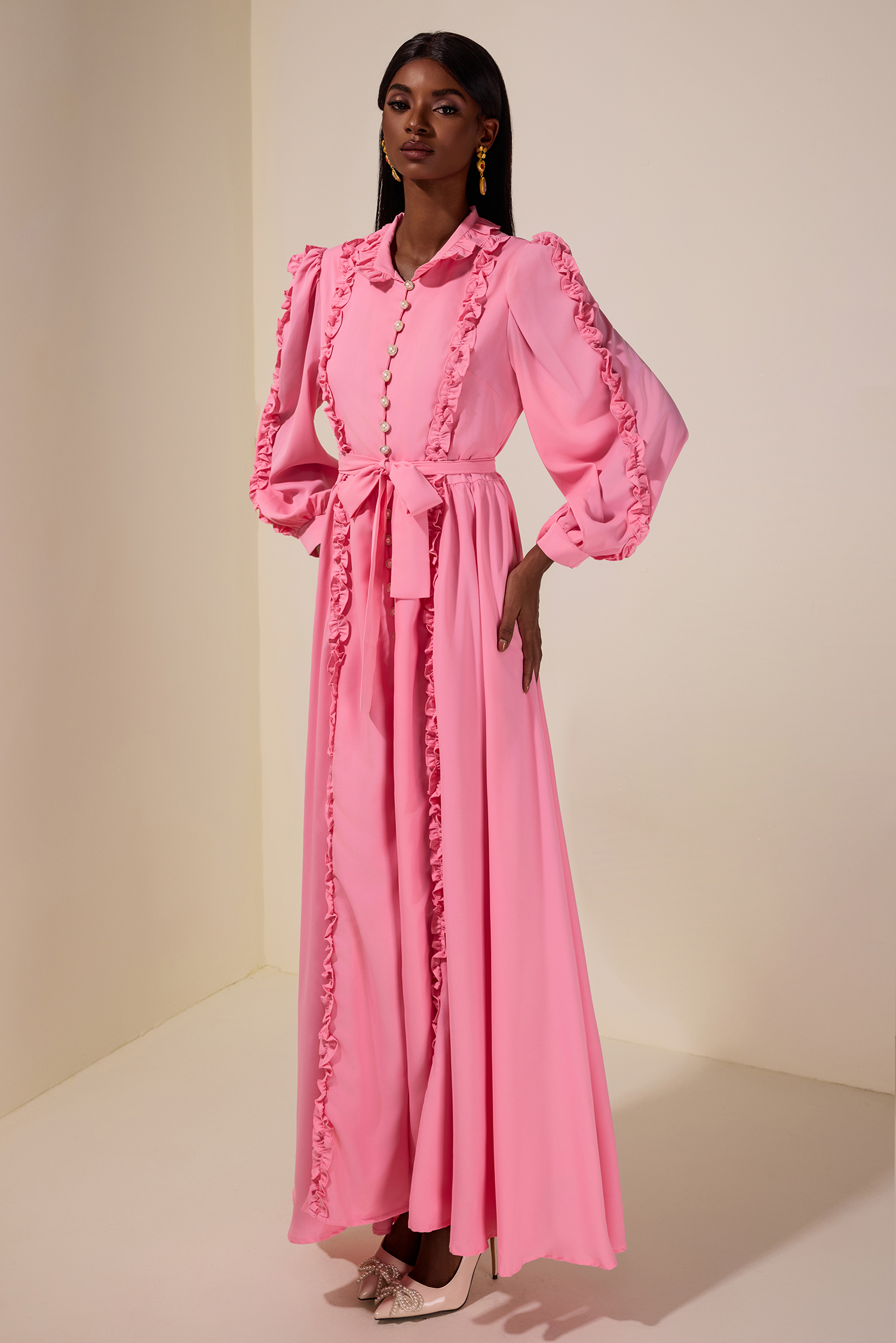 Frill Lantern Sleeve Midi Dress With Belt