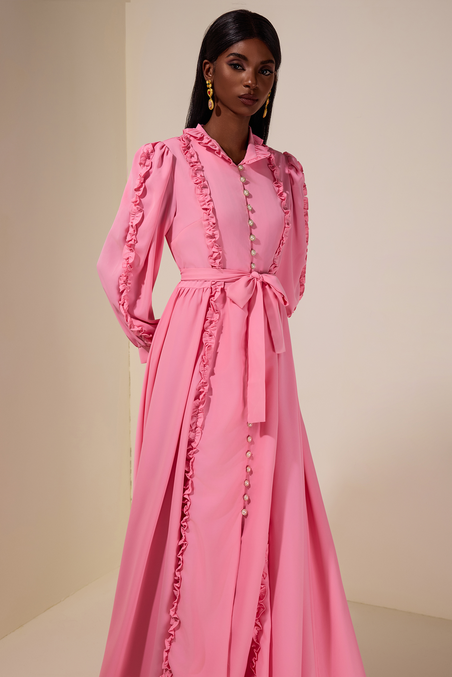 Frill Lantern Sleeve Midi Dress With Belt