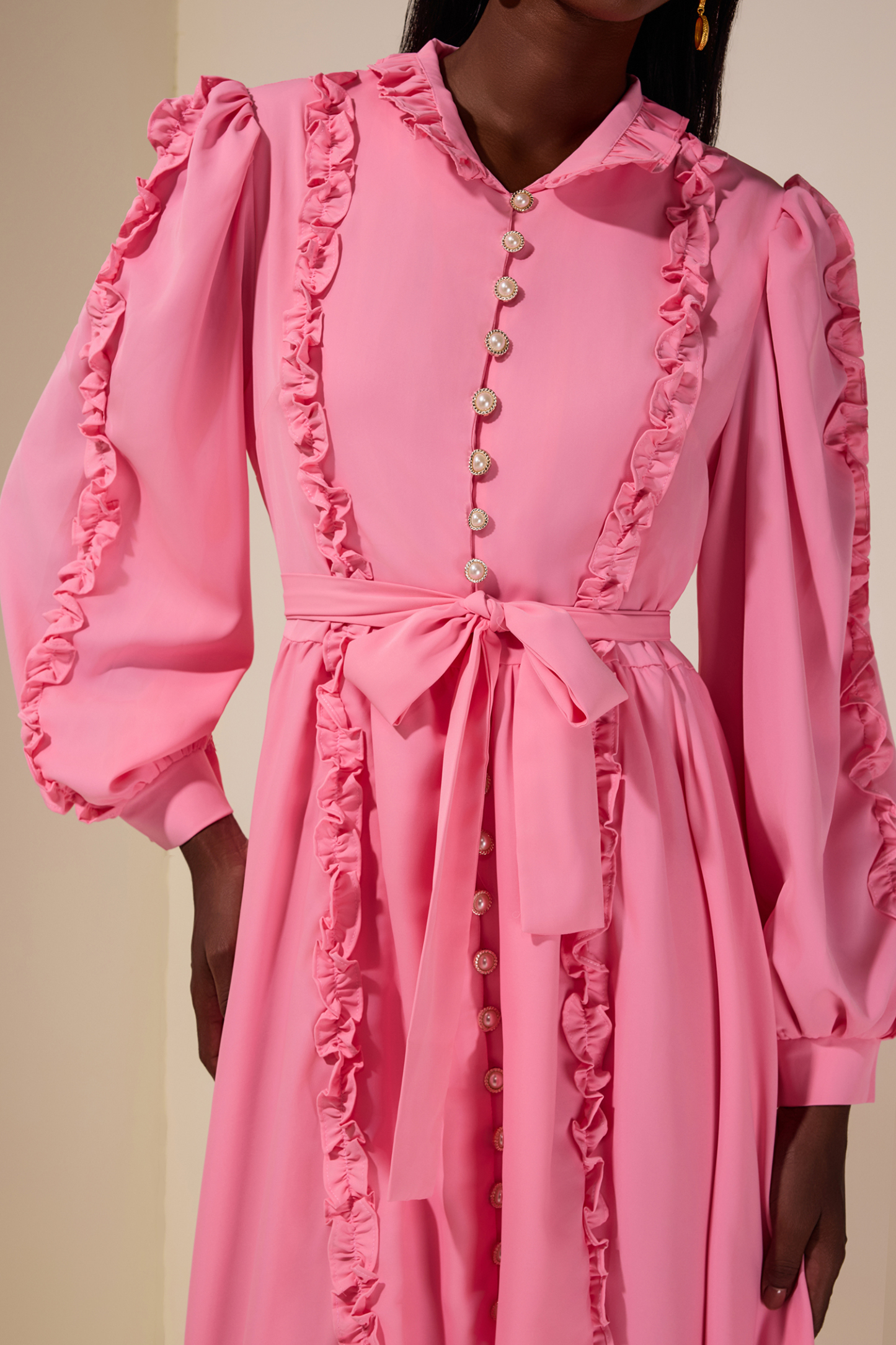 Frill Lantern Sleeve Midi Dress With Belt