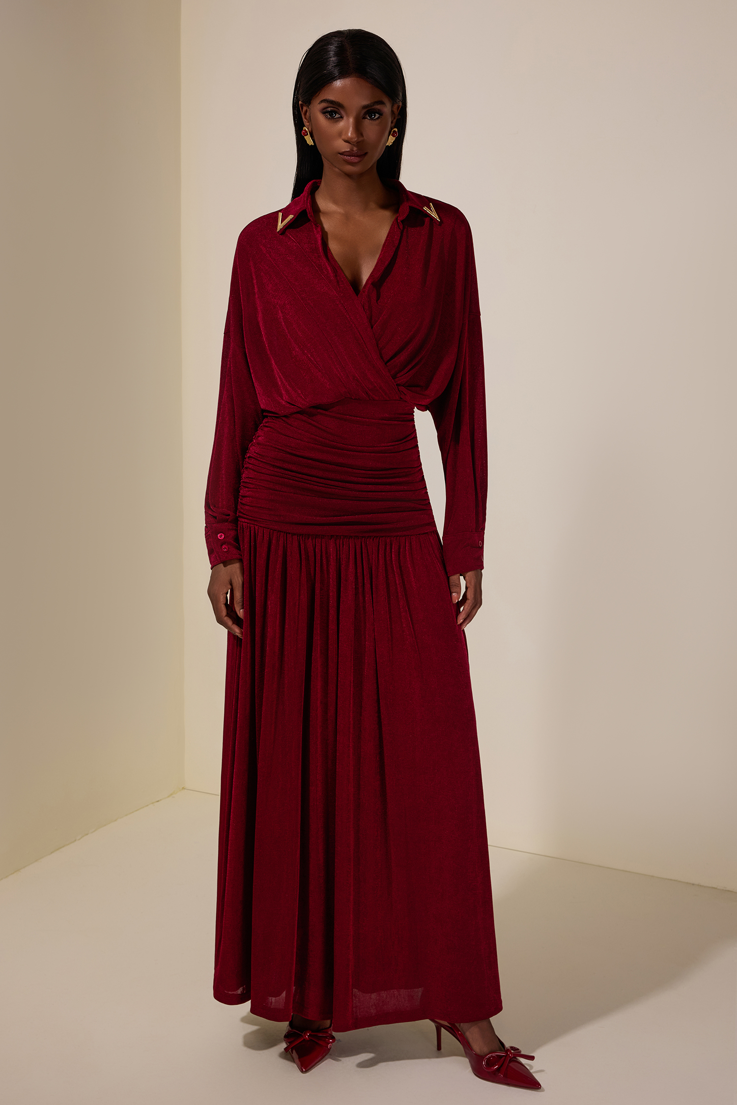 Jersey Shirt Collar Ruched Maxi Dress