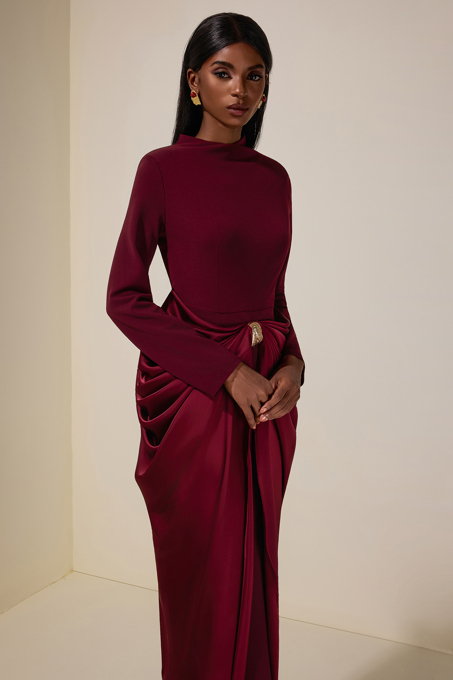 Satin Metal Decorations Long Sleeve Midi Dress