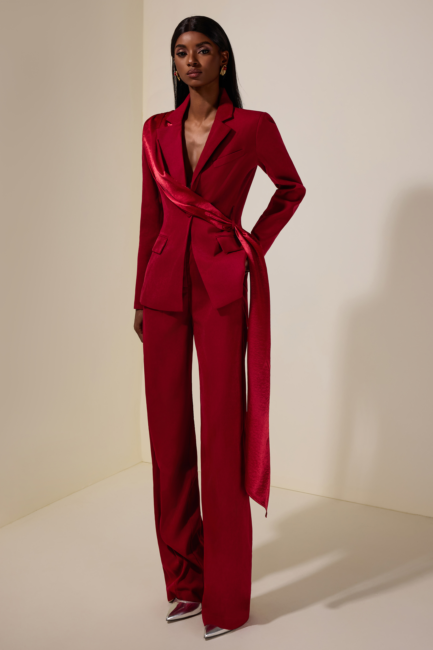 Ribbon Flapped Blazer & High Waist Pants Set