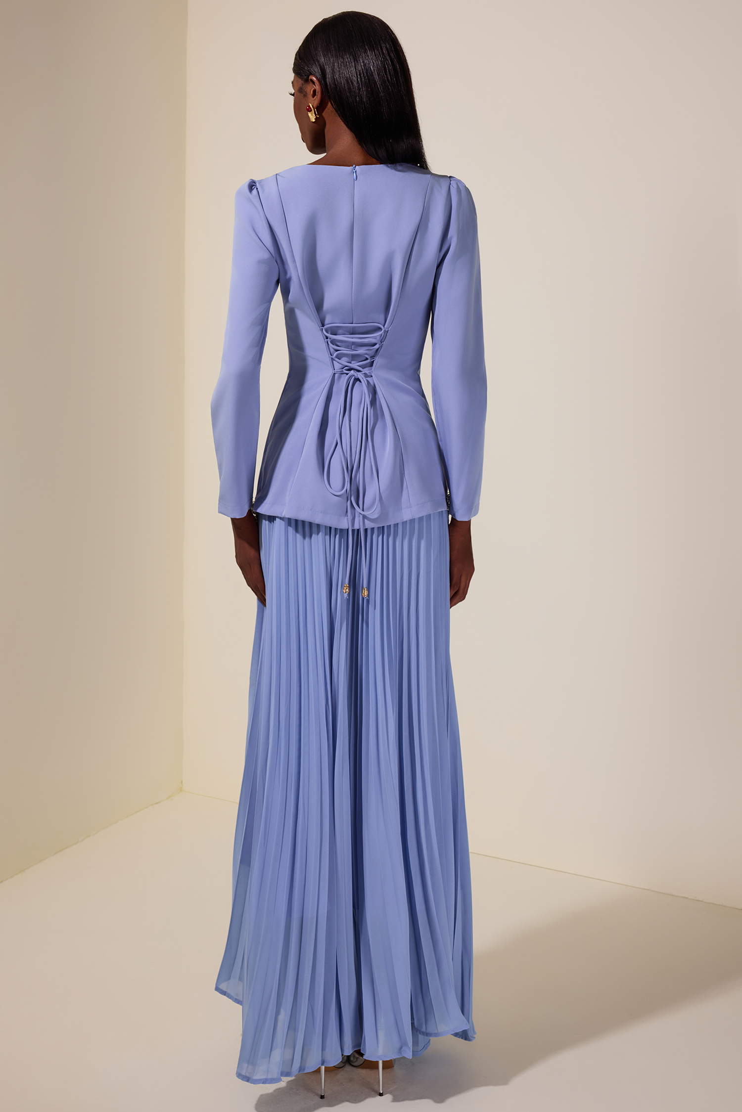 Rhinestone Long Sleeve Top & High Waist Pleated Midi Skirt Set