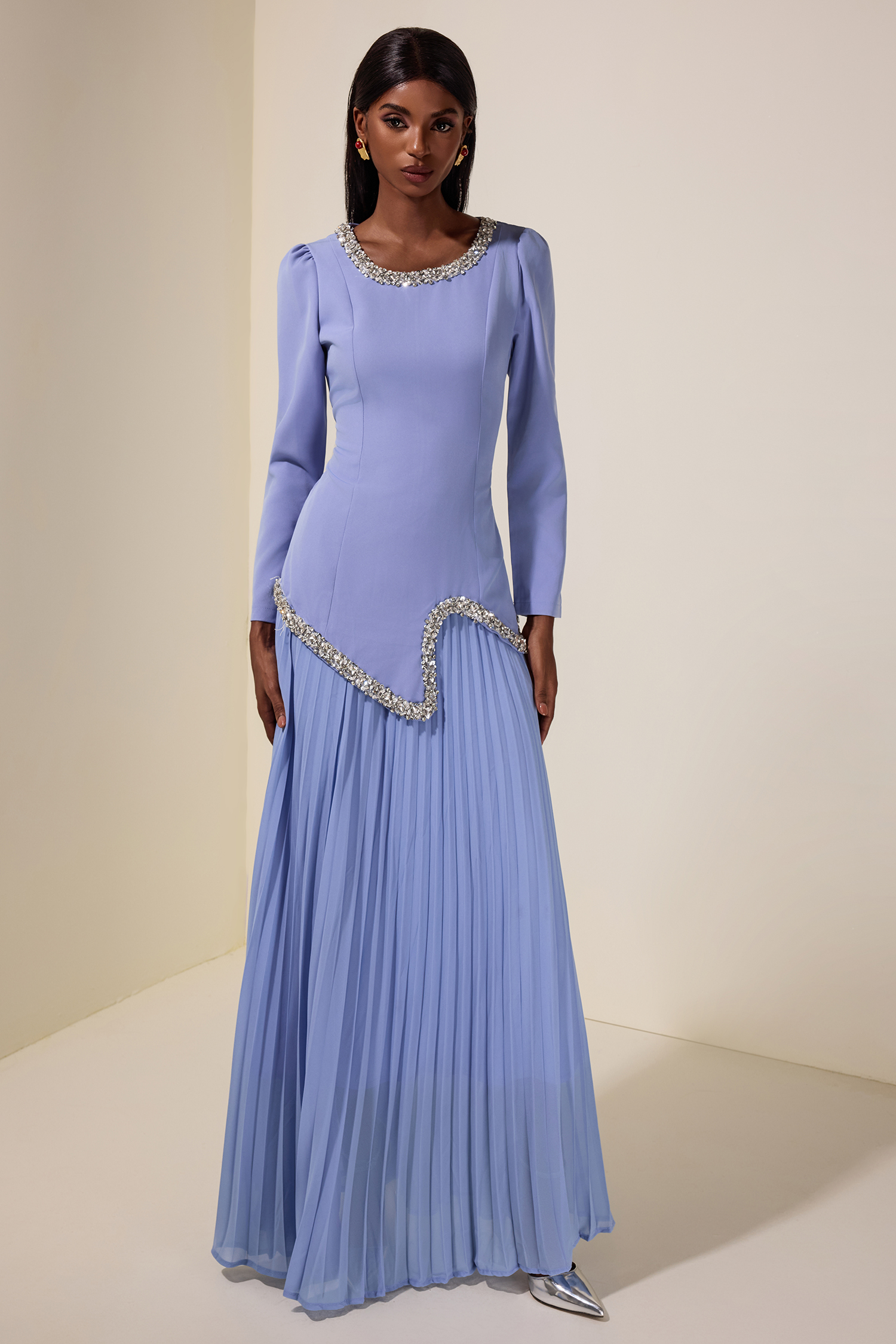 Rhinestone Long Sleeve Top & High Waist Pleated Midi Skirt Set