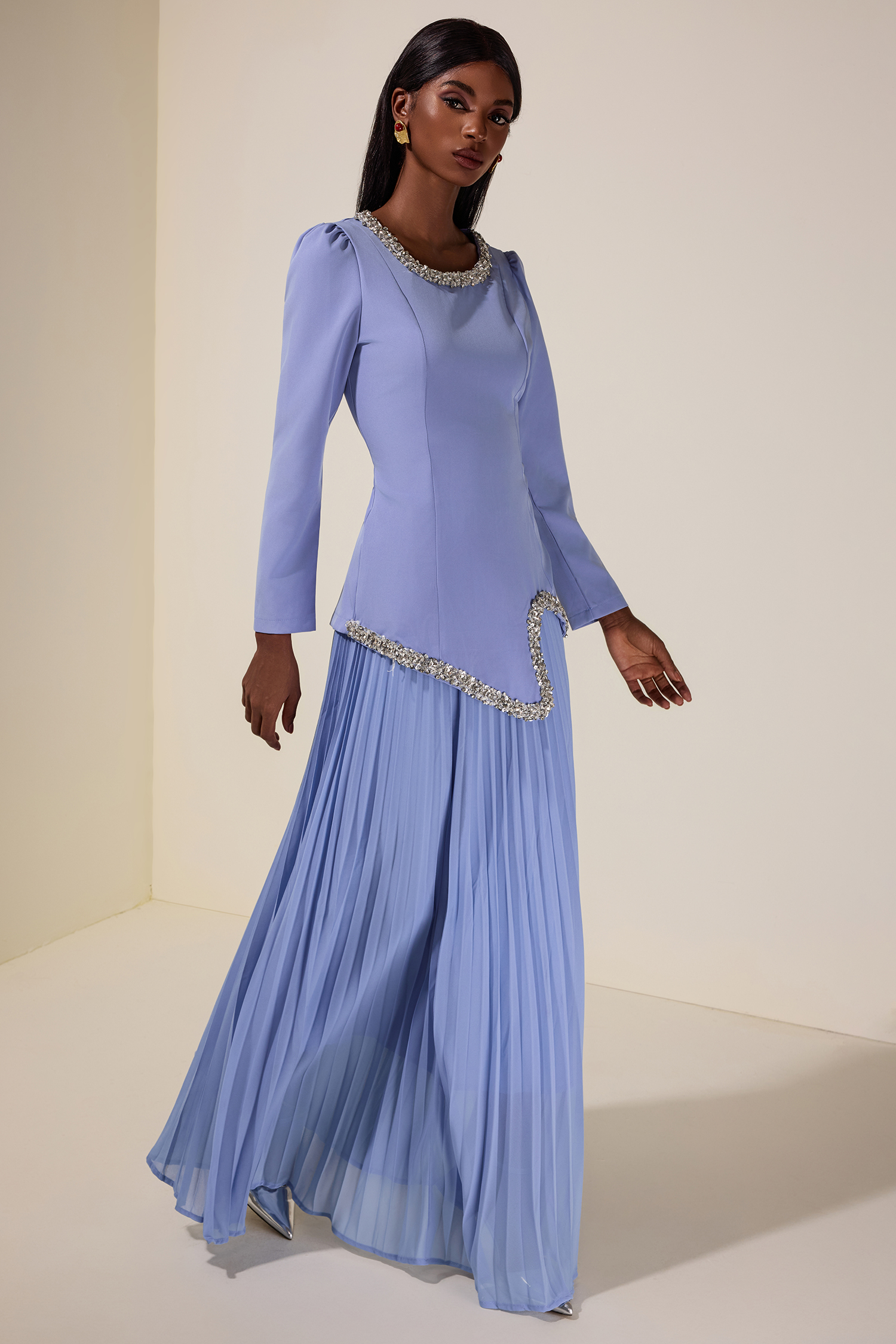Rhinestone Long Sleeve Top & High Waist Pleated Midi Skirt Set