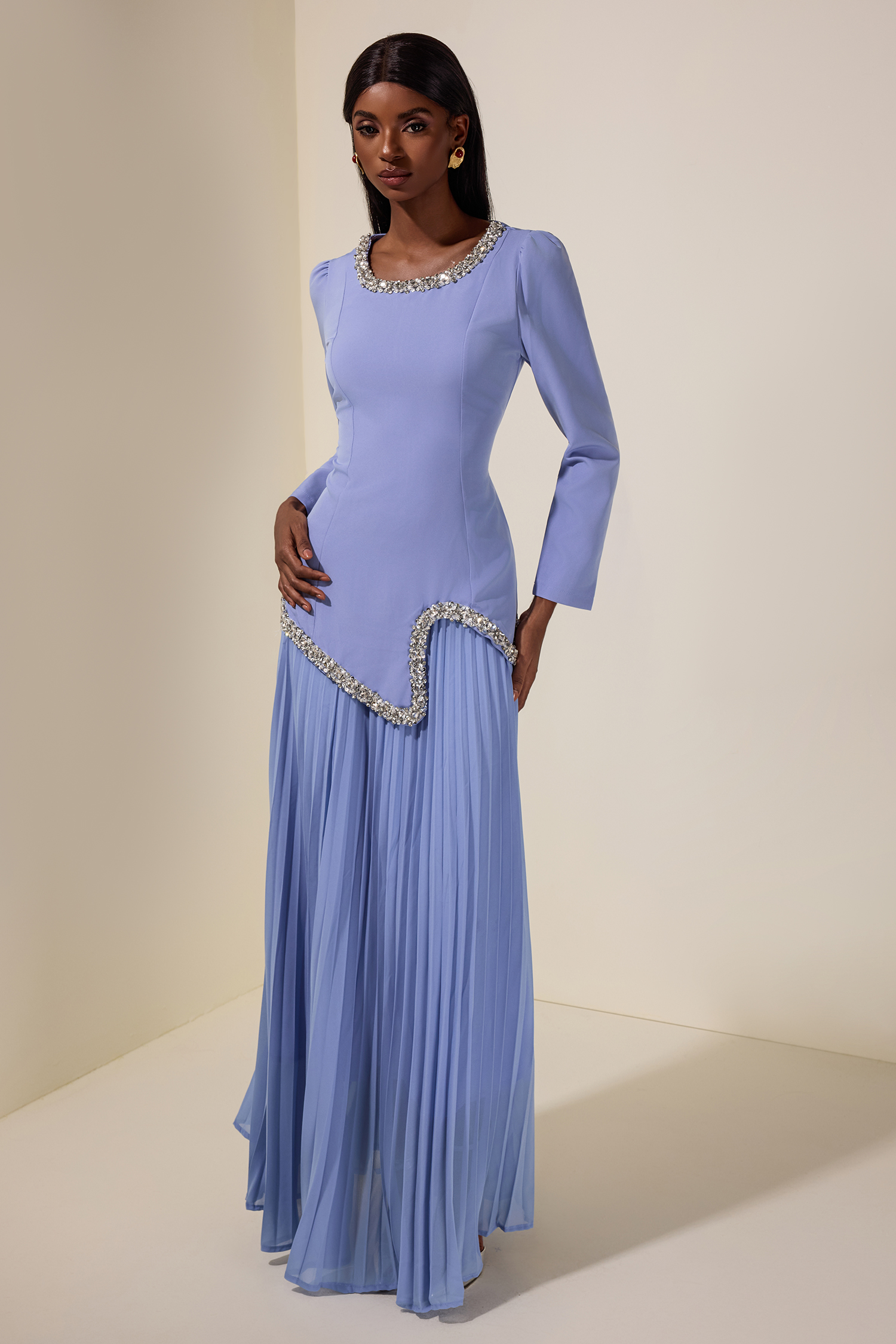 Rhinestone Long Sleeve Top & High Waist Pleated Midi Skirt Set
