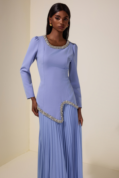 Rhinestone Long Sleeve Top & High Waist Pleated Midi Skirt Set