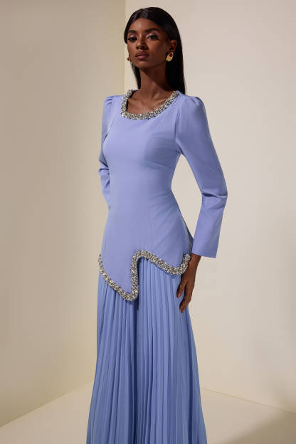 Rhinestone Long Sleeve Top & High Waist Pleated Midi Skirt Set