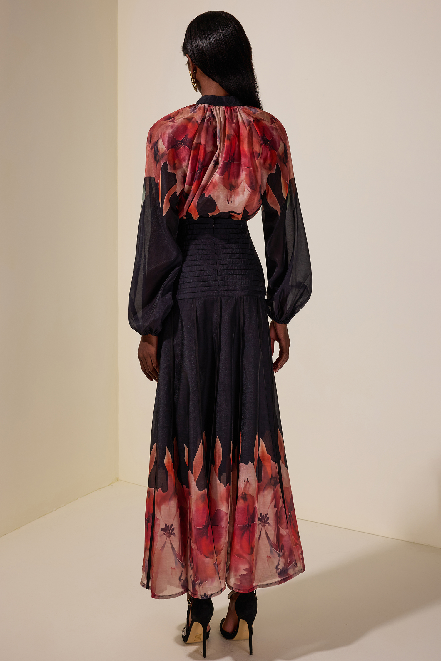 Floral Lace-Up Top & Pleated High Waist Midi Skirt Set