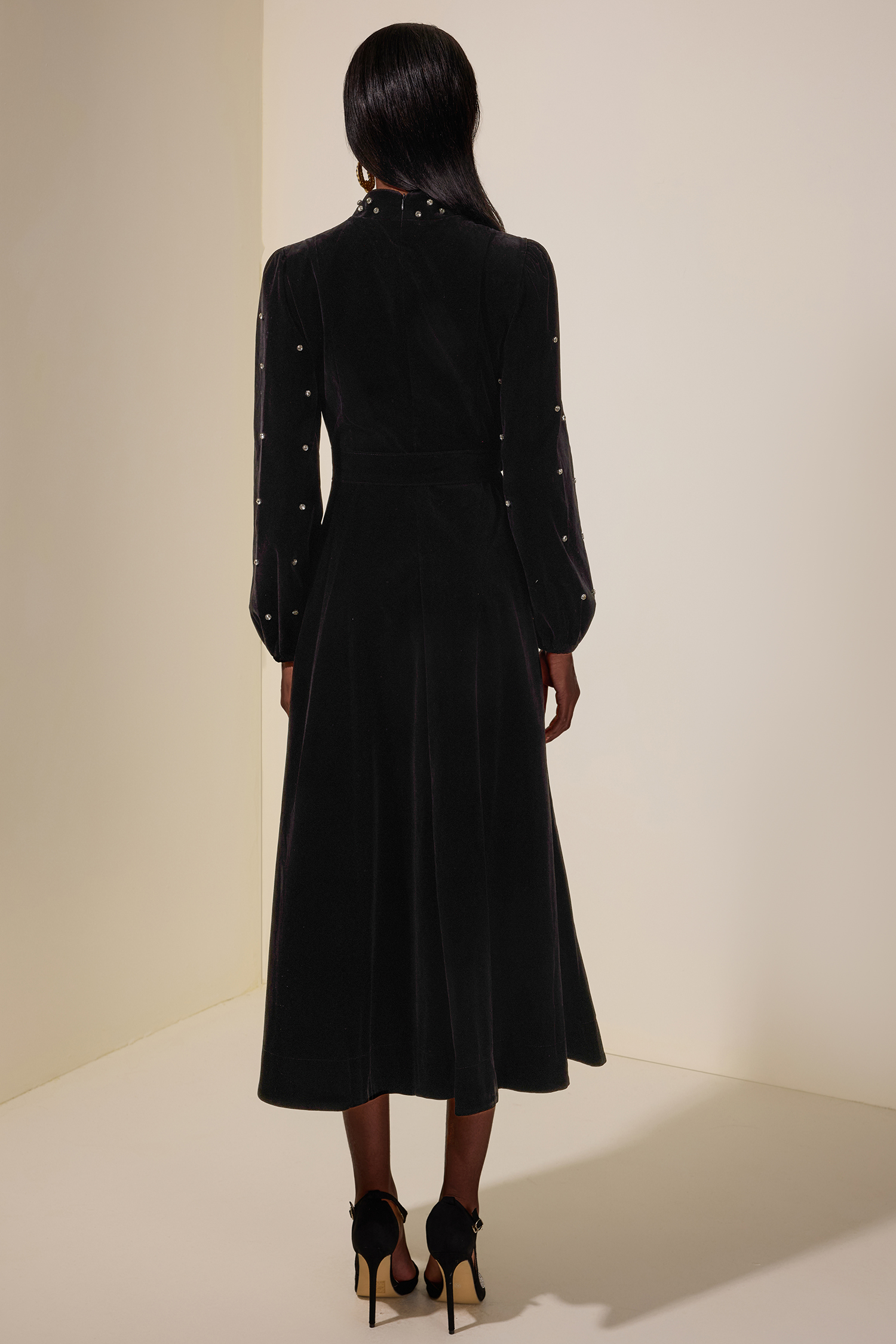 Velvet Rhinestone Midi Dress With Belt