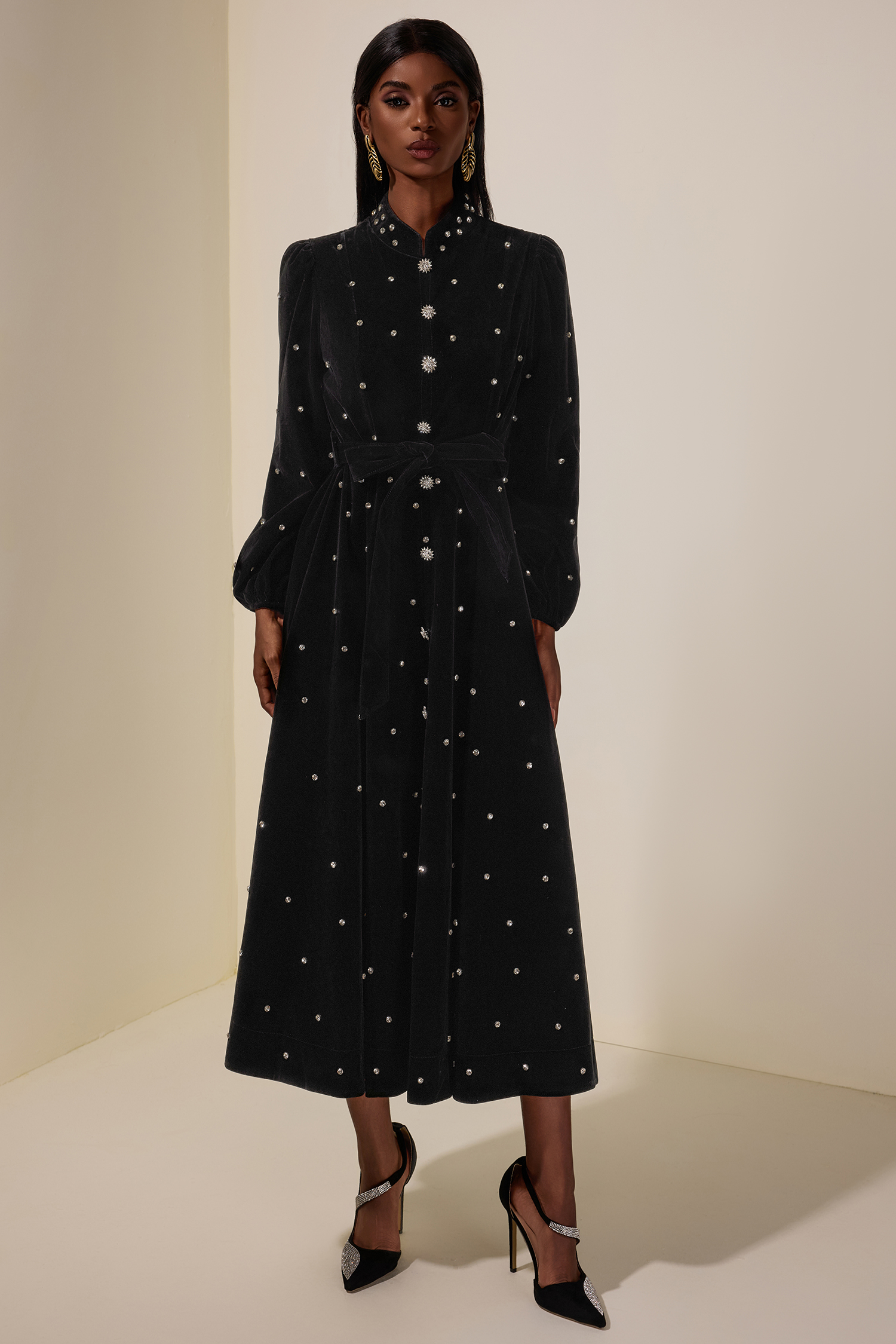 Velvet Rhinestone Midi Dress With Belt