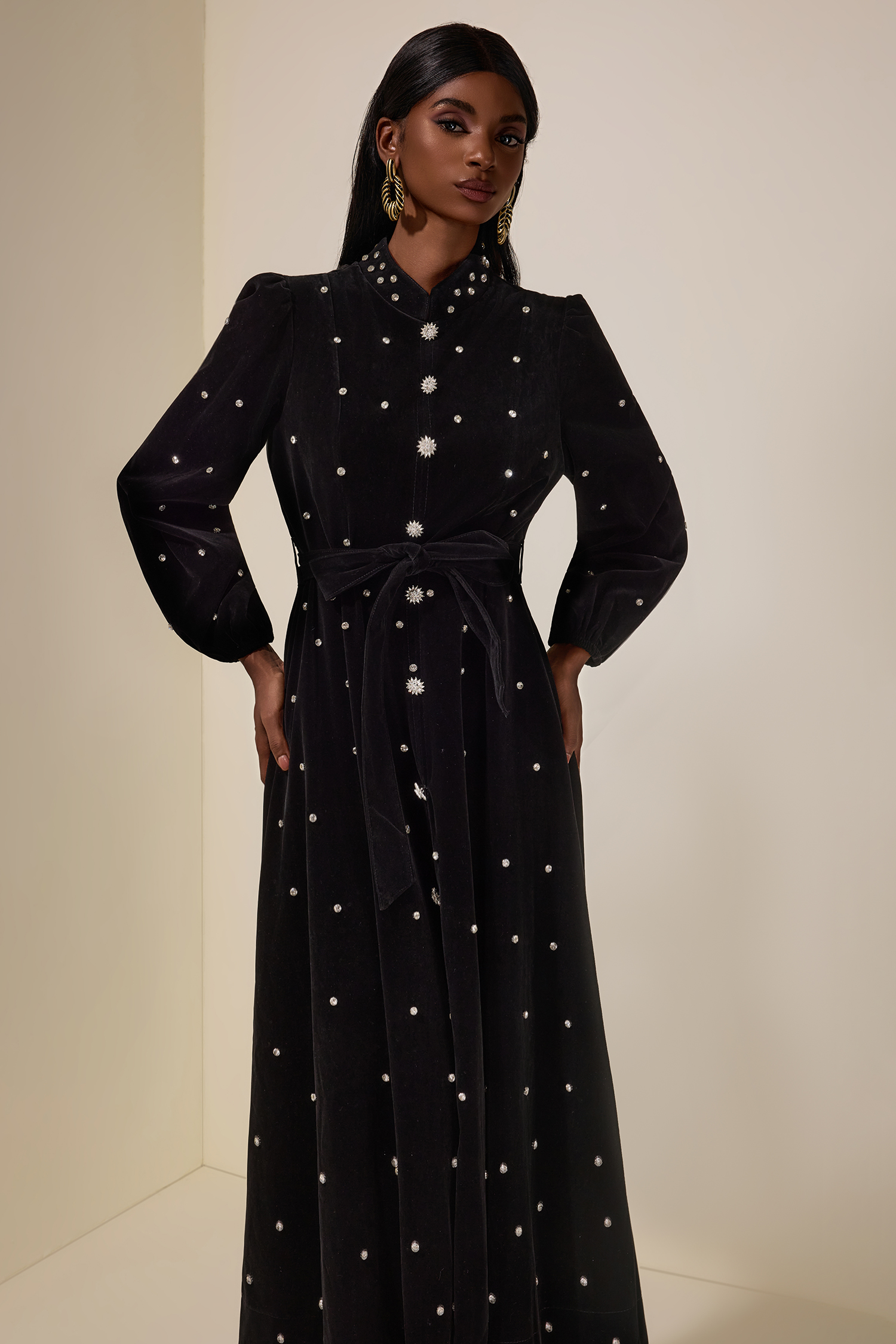 Velvet Rhinestone Midi Dress With Belt