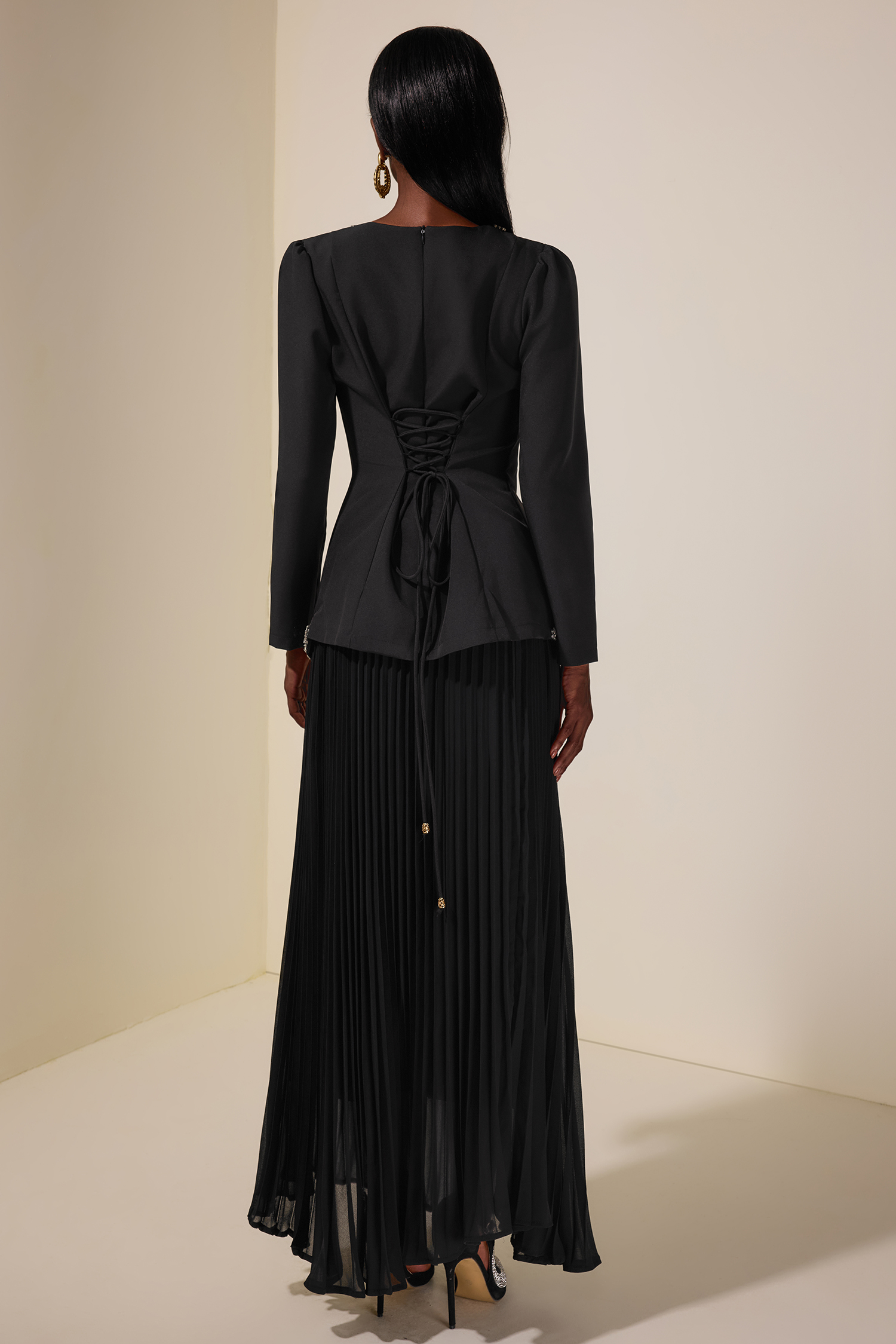 Rhinestone Long Sleeve Top & High Waist Pleated Midi Skirt Set